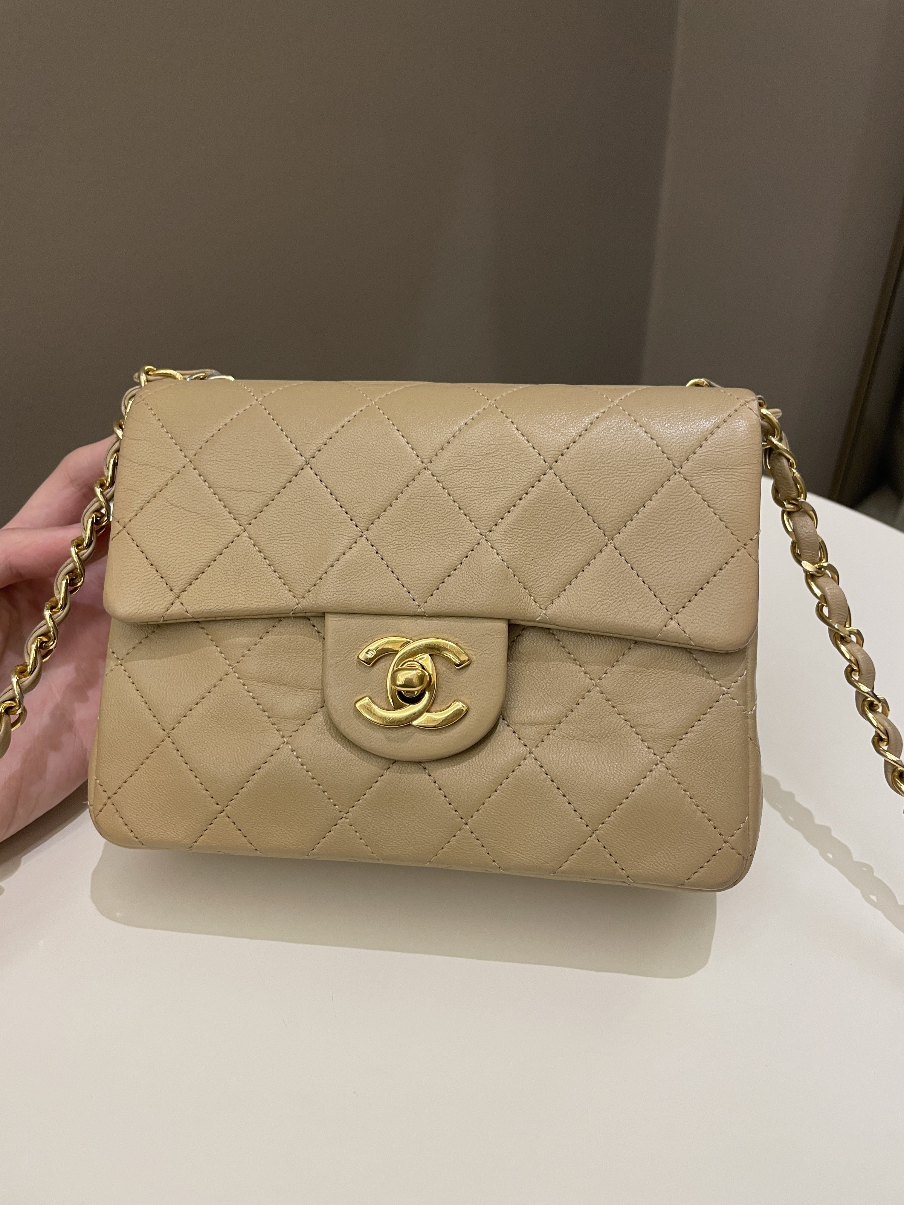Chanel Vintage Classic Quilted Mini Square Beige Lambskin