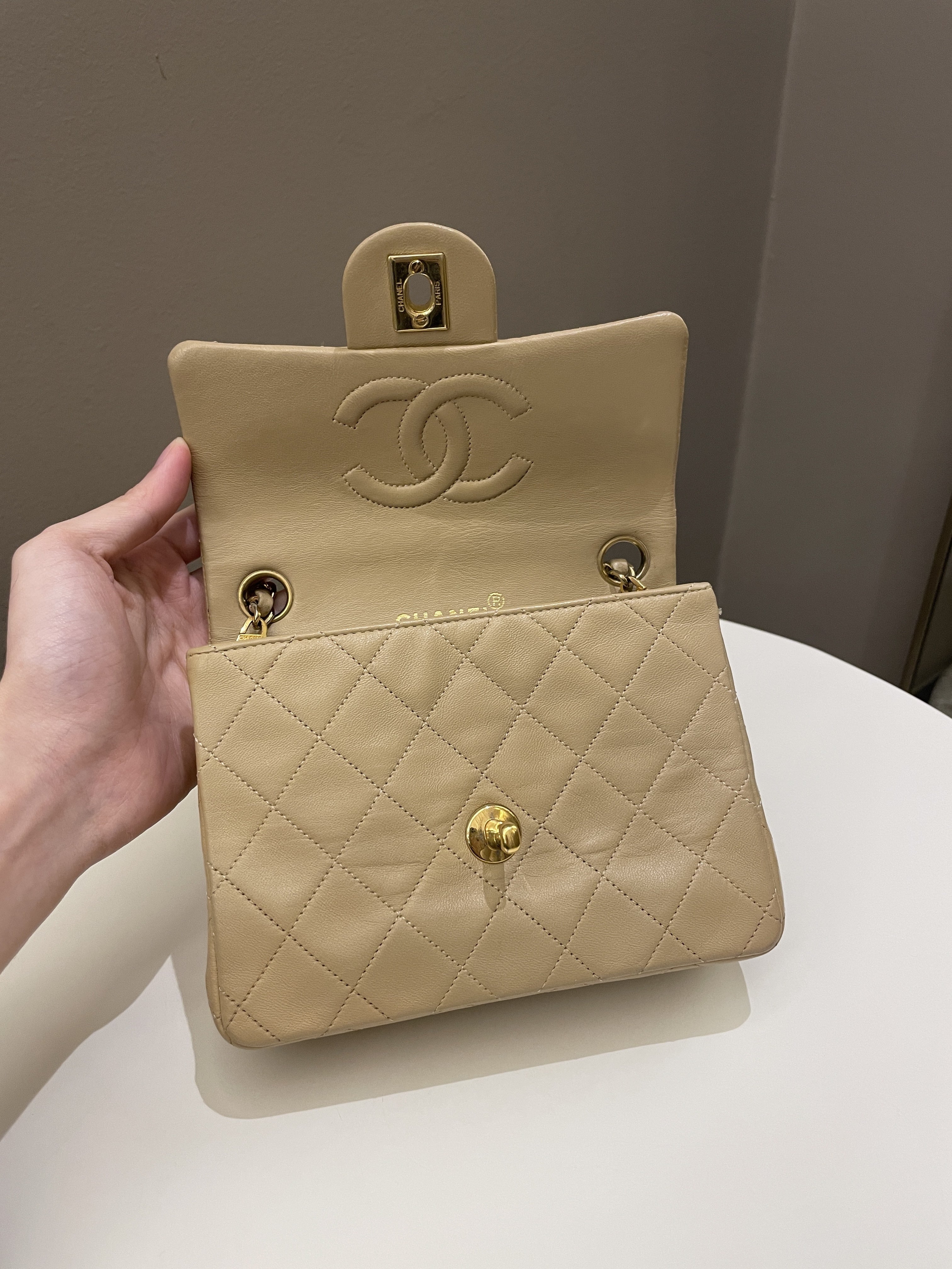 Chanel Vintage Classic Quilted Mini Square Beige Lambskin