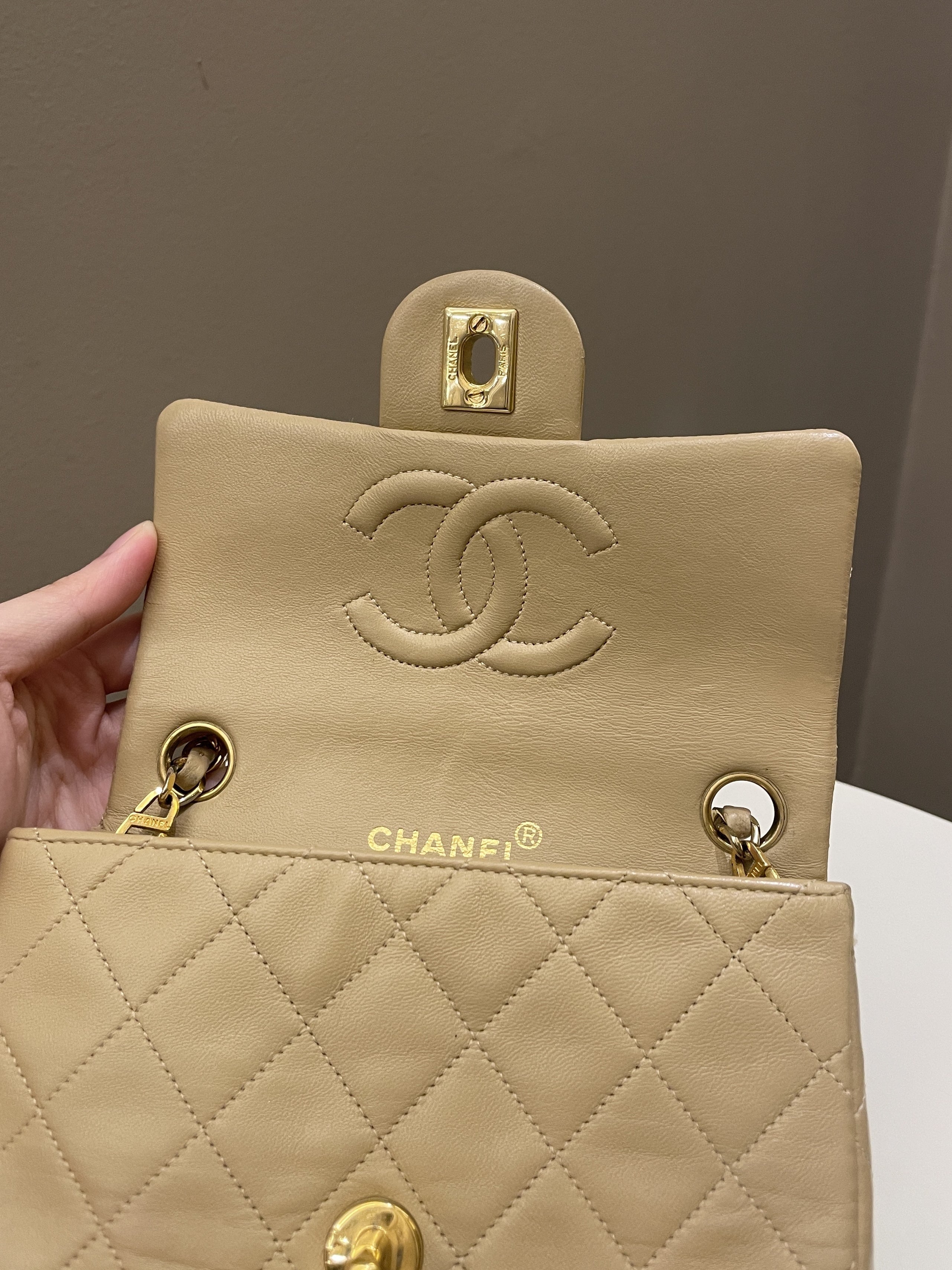 Chanel Vintage Classic Quilted Mini Square Beige Lambskin