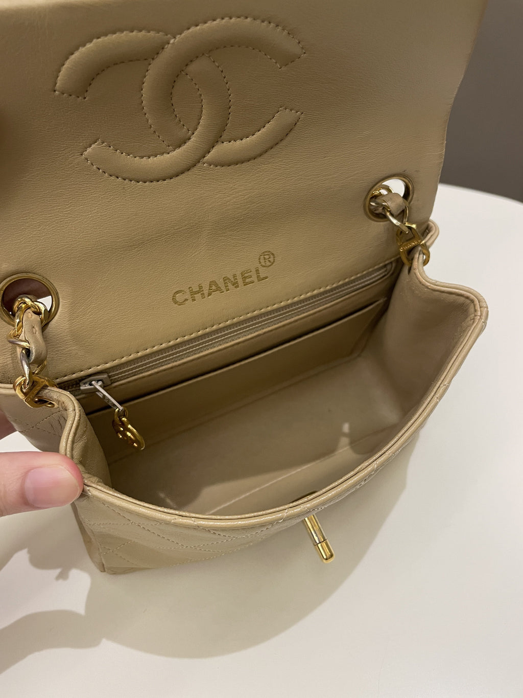 Chanel Vintage Classic Quilted Mini Square Beige Lambskin