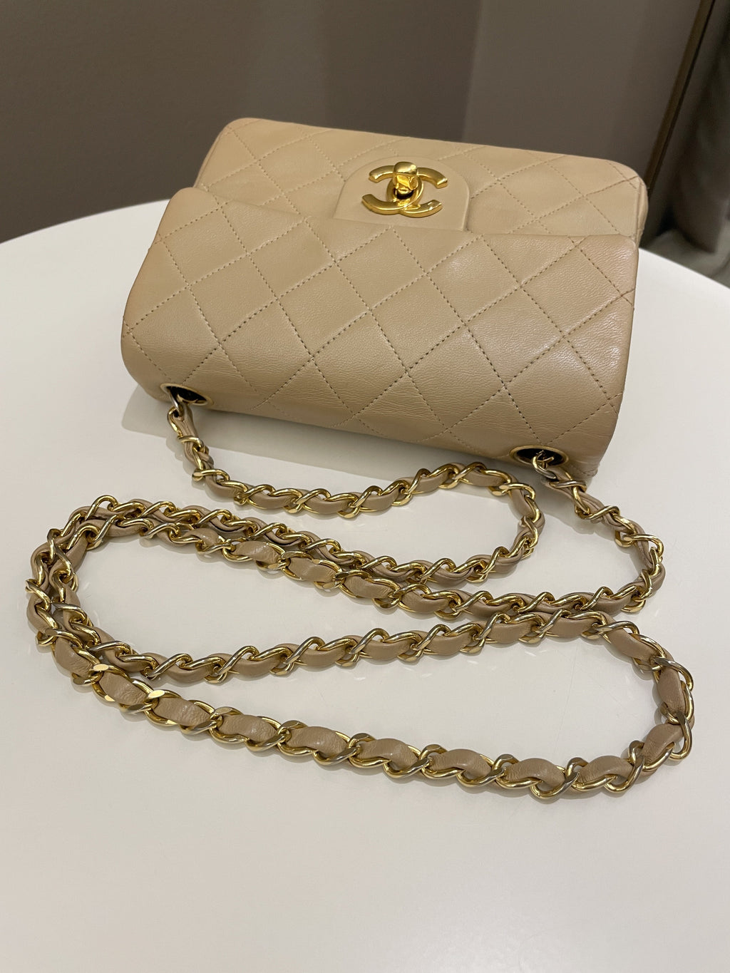 Chanel Vintage Classic Quilted Mini Square Beige Lambskin