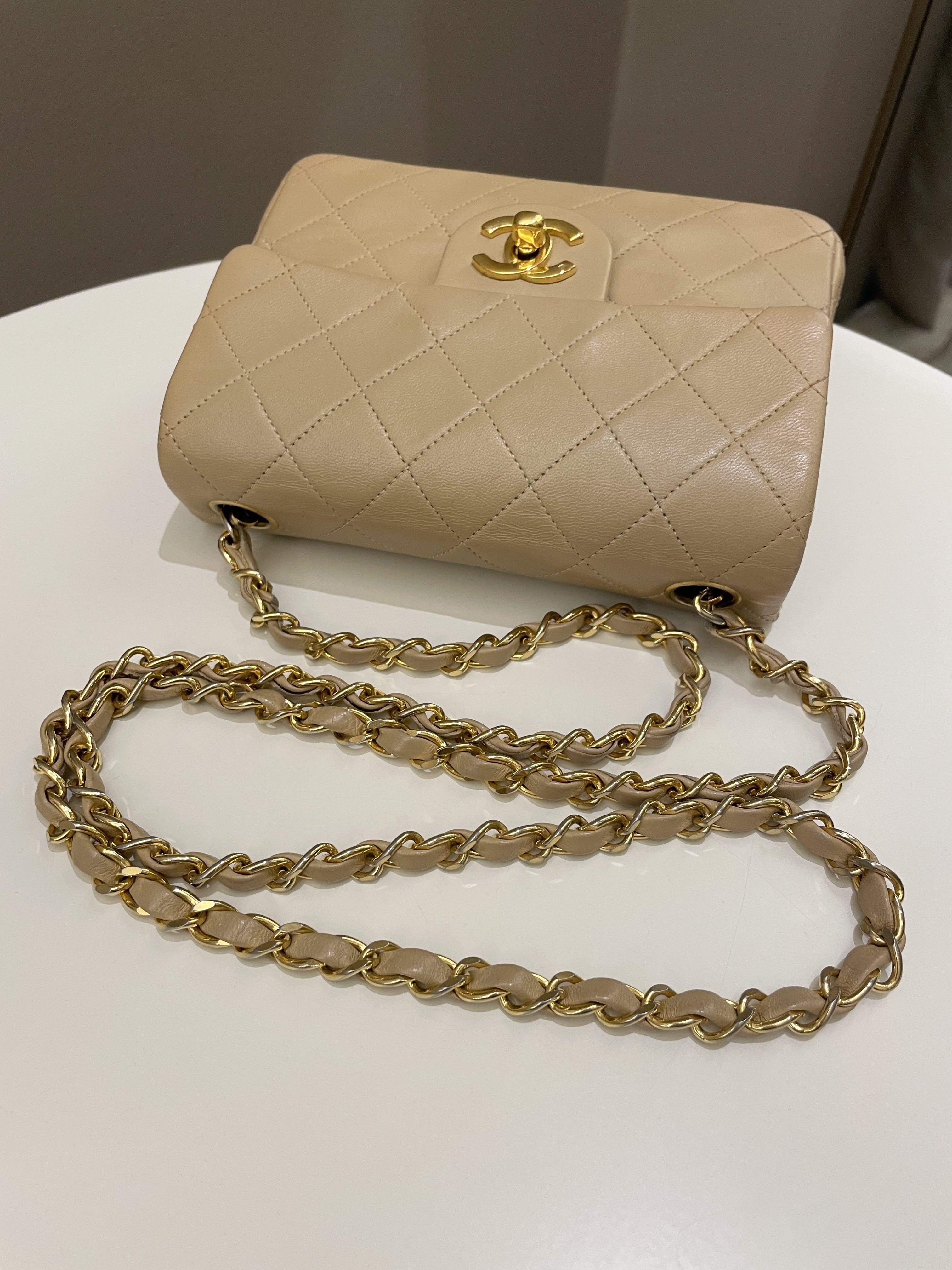 Chanel Vintage Classic Quilted Mini Square Beige Lambskin