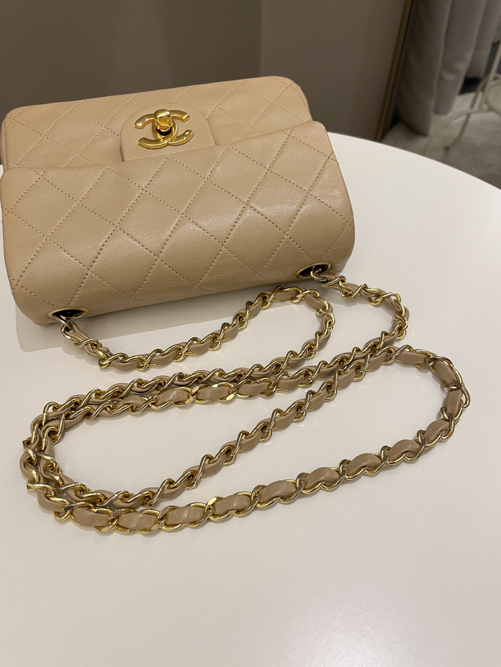 Chanel Vintage Classic Quilted Mini Square Beige Lambskin