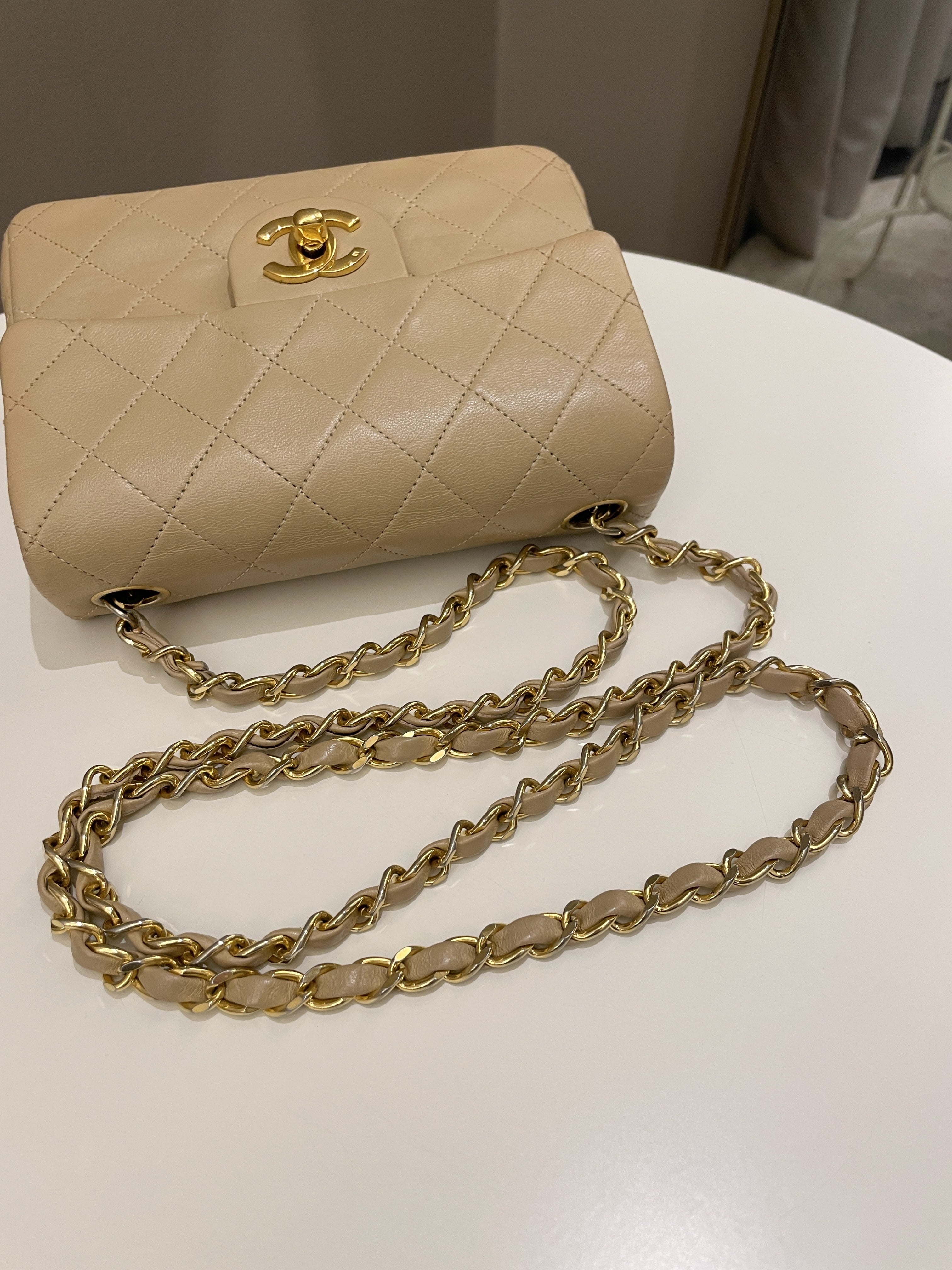 Chanel Vintage Classic Quilted Mini Square Beige Lambskin