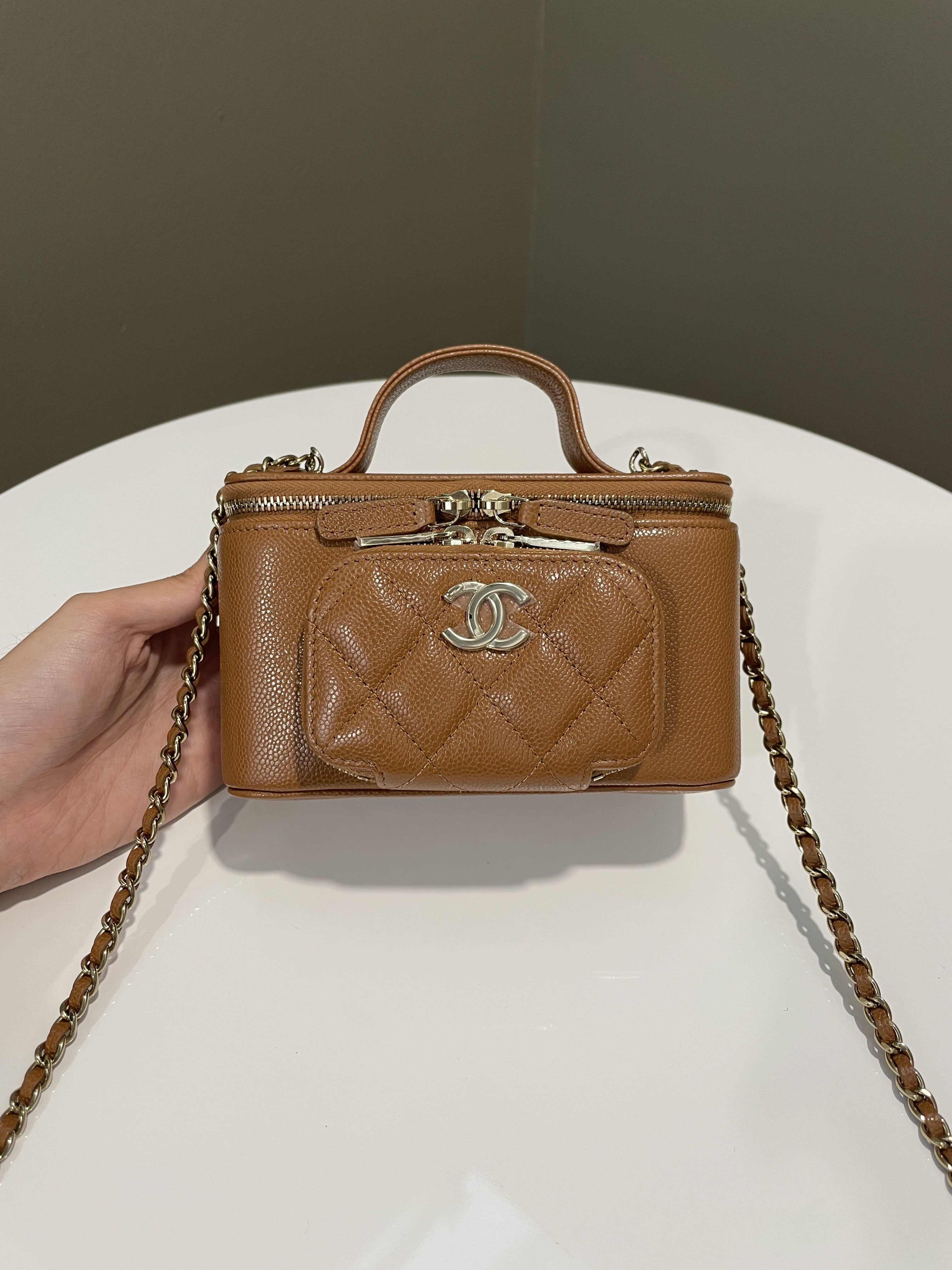 Chanel 23P Business Affinity Top Handle Vanity Rectangular Tan Caviar