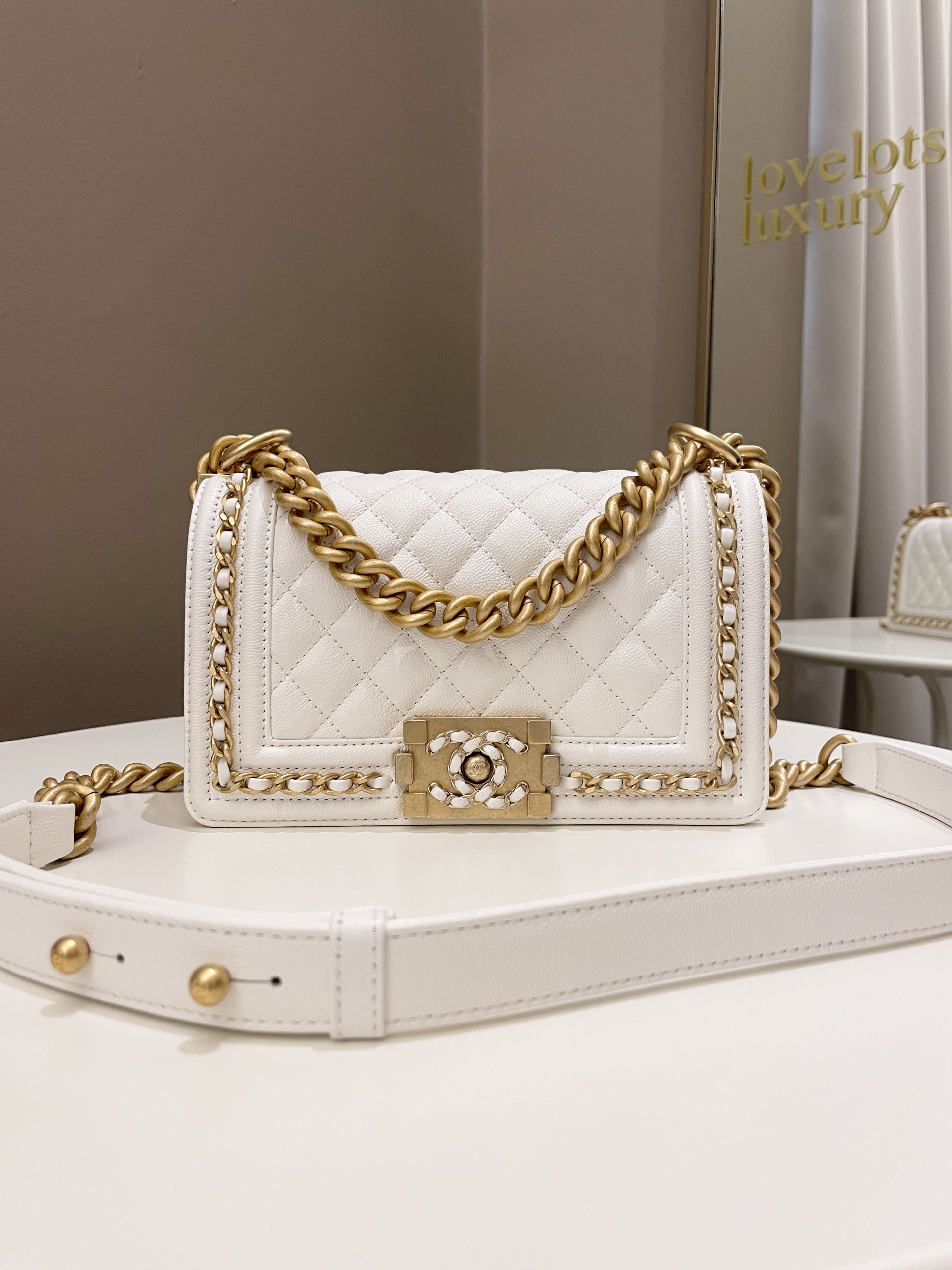 Chanel Quilted Chain Around Small Boy White Ivory Caviar