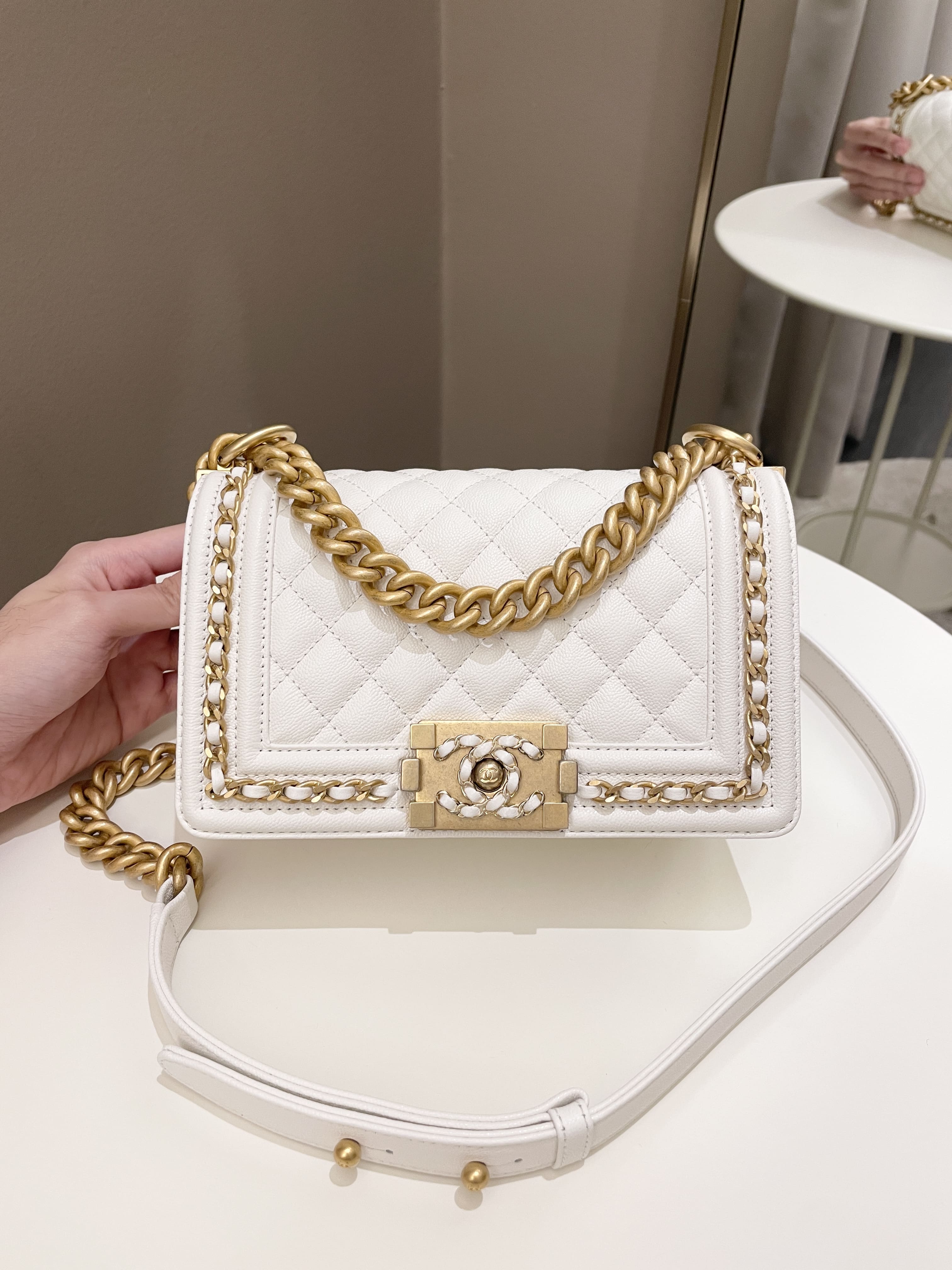 Chanel Quilted Chain Around Small Boy White Ivory Caviar