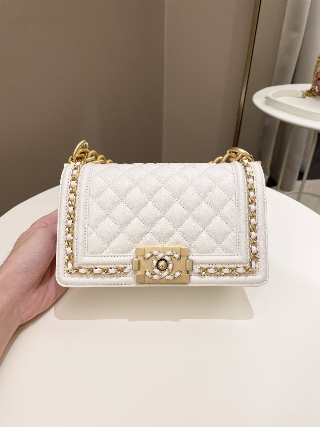 Chanel Quilted Chain Around Small Boy White Ivory Caviar