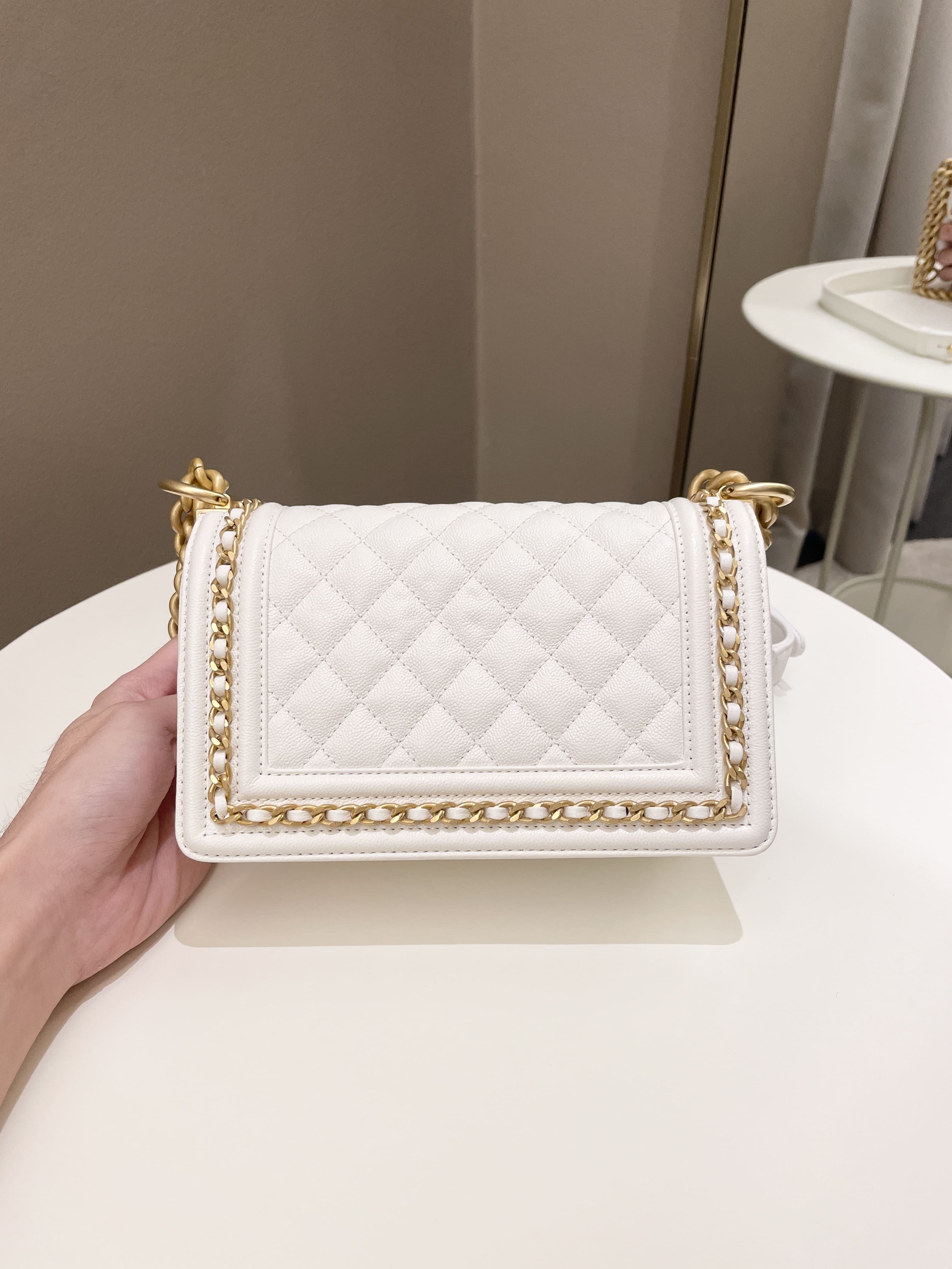 Chanel Quilted Chain Around Small Boy White Ivory Caviar