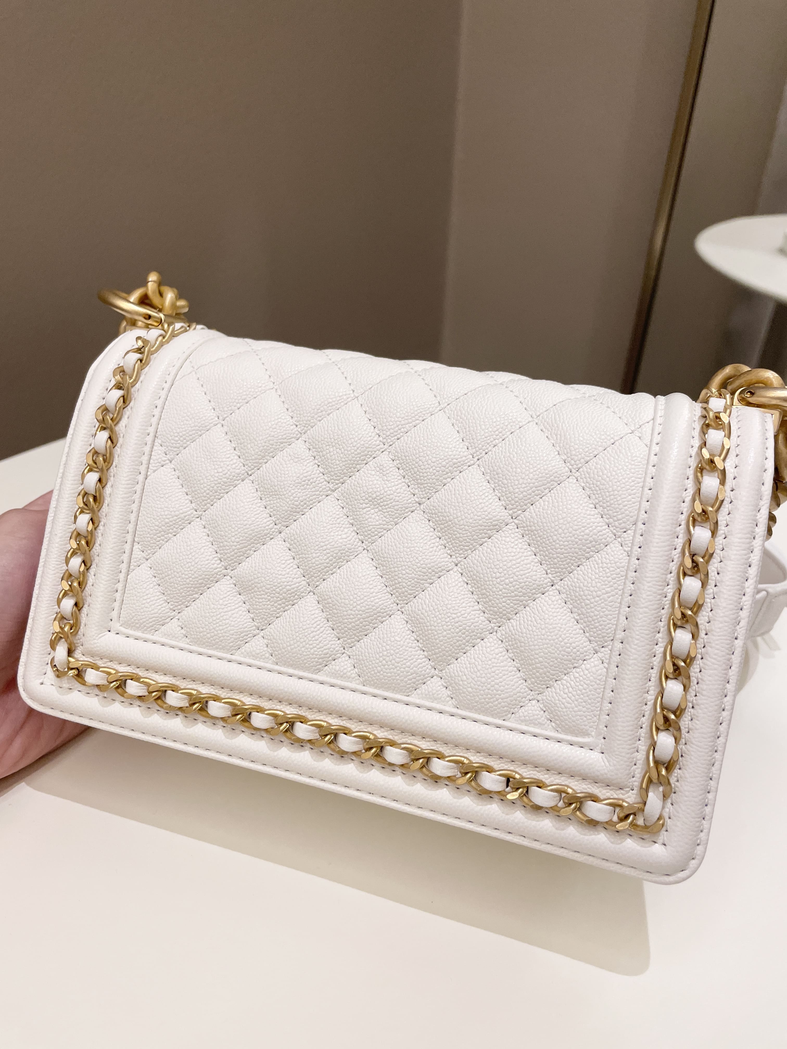 Chanel Quilted Chain Around Small Boy White Ivory Caviar