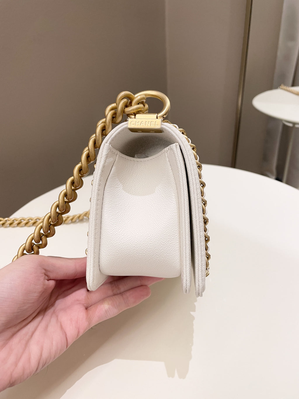 Chanel Quilted Chain Around Small Boy White Ivory Caviar