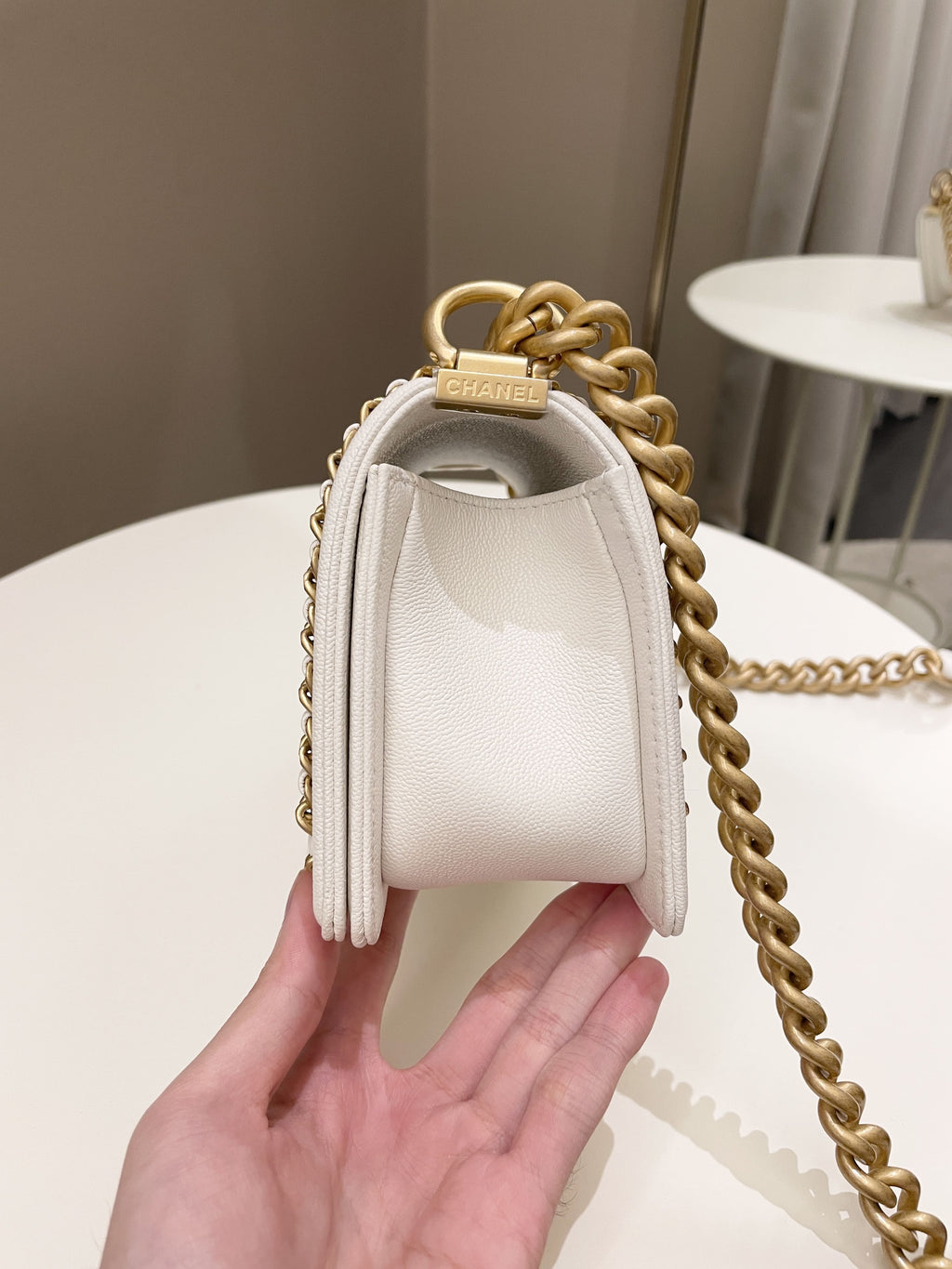 Chanel Quilted Chain Around Small Boy White Ivory Caviar