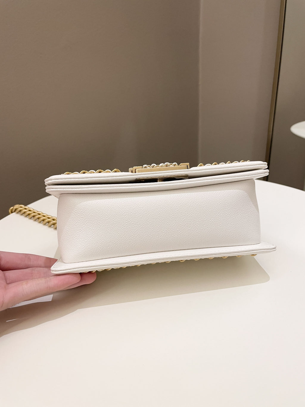 Chanel Quilted Chain Around Small Boy White Ivory Caviar