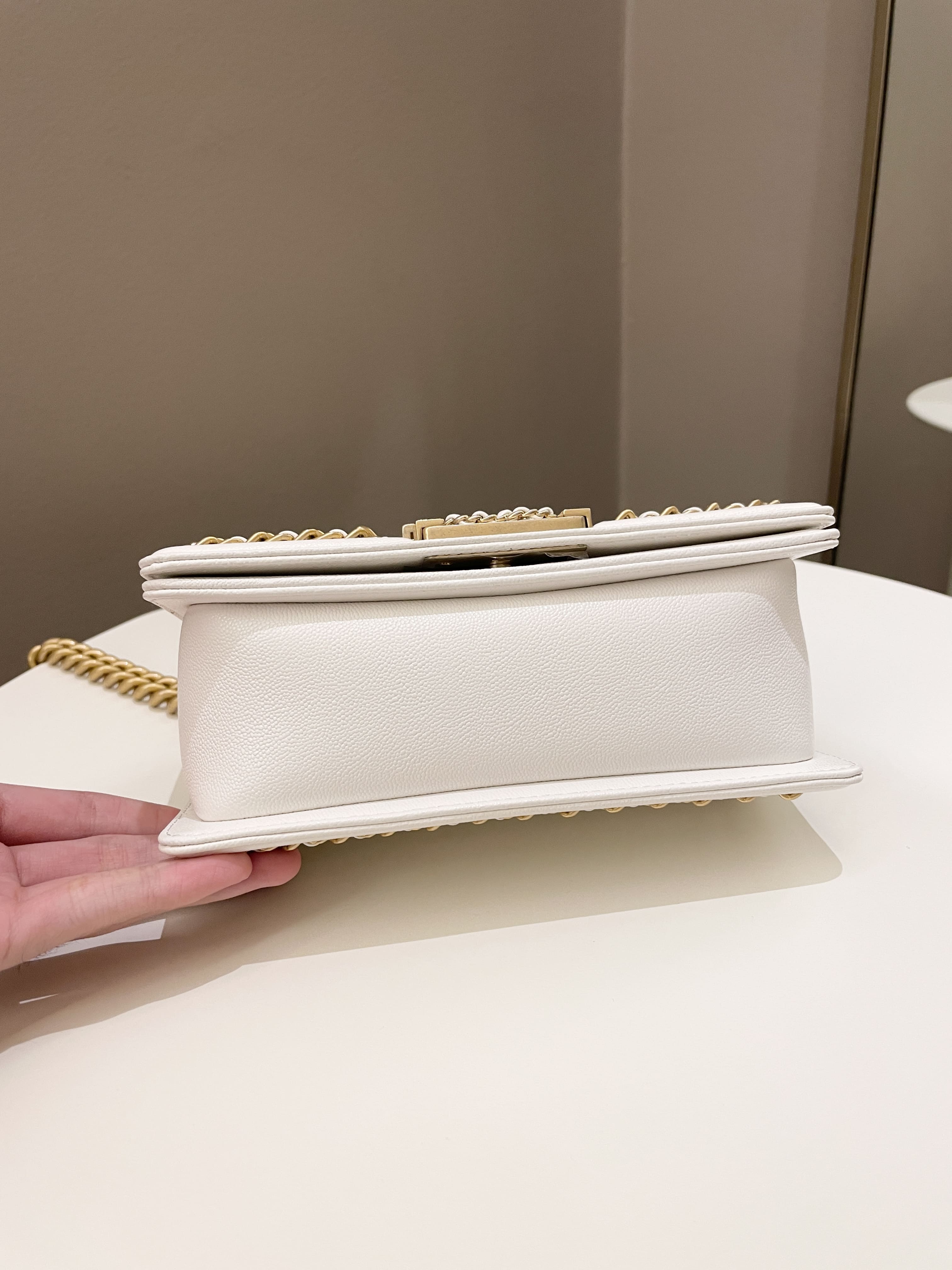 Chanel Quilted Chain Around Small Boy White Ivory Caviar