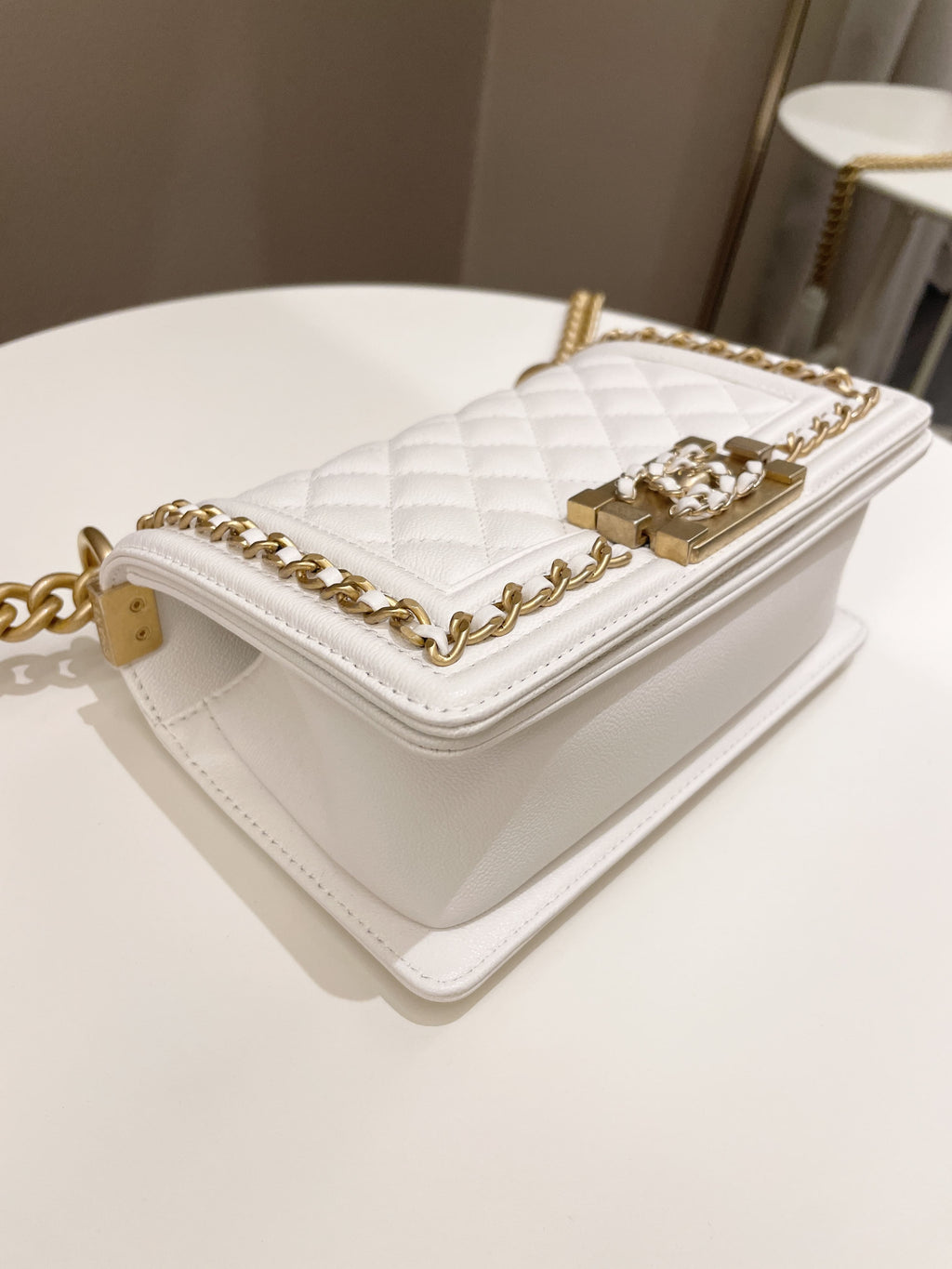 Chanel Quilted Chain Around Small Boy White Ivory Caviar