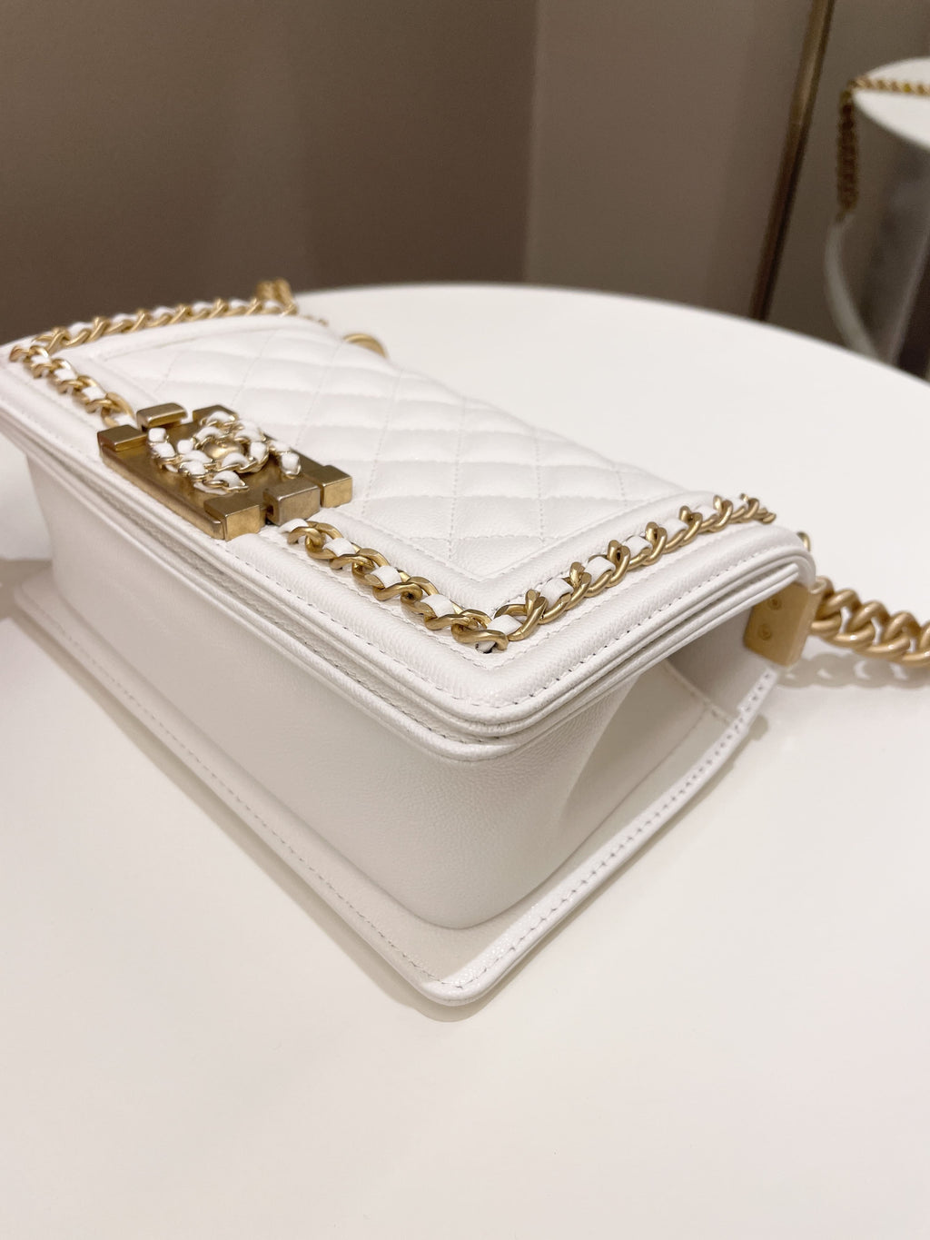 Chanel Quilted Chain Around Small Boy White Ivory Caviar