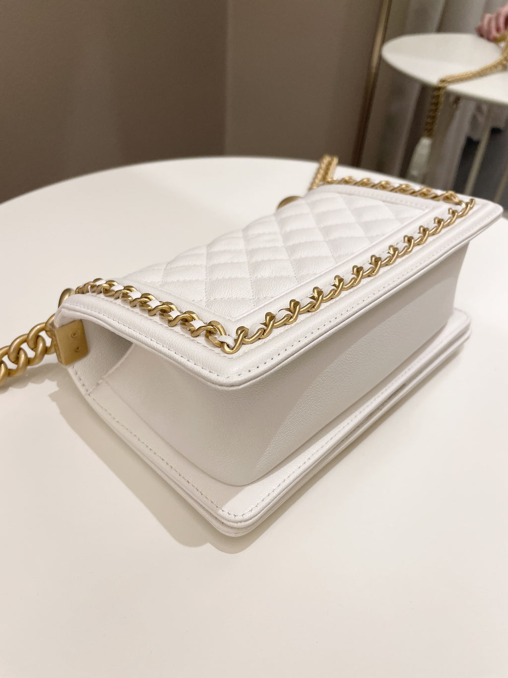 Chanel Quilted Chain Around Small Boy White Ivory Caviar