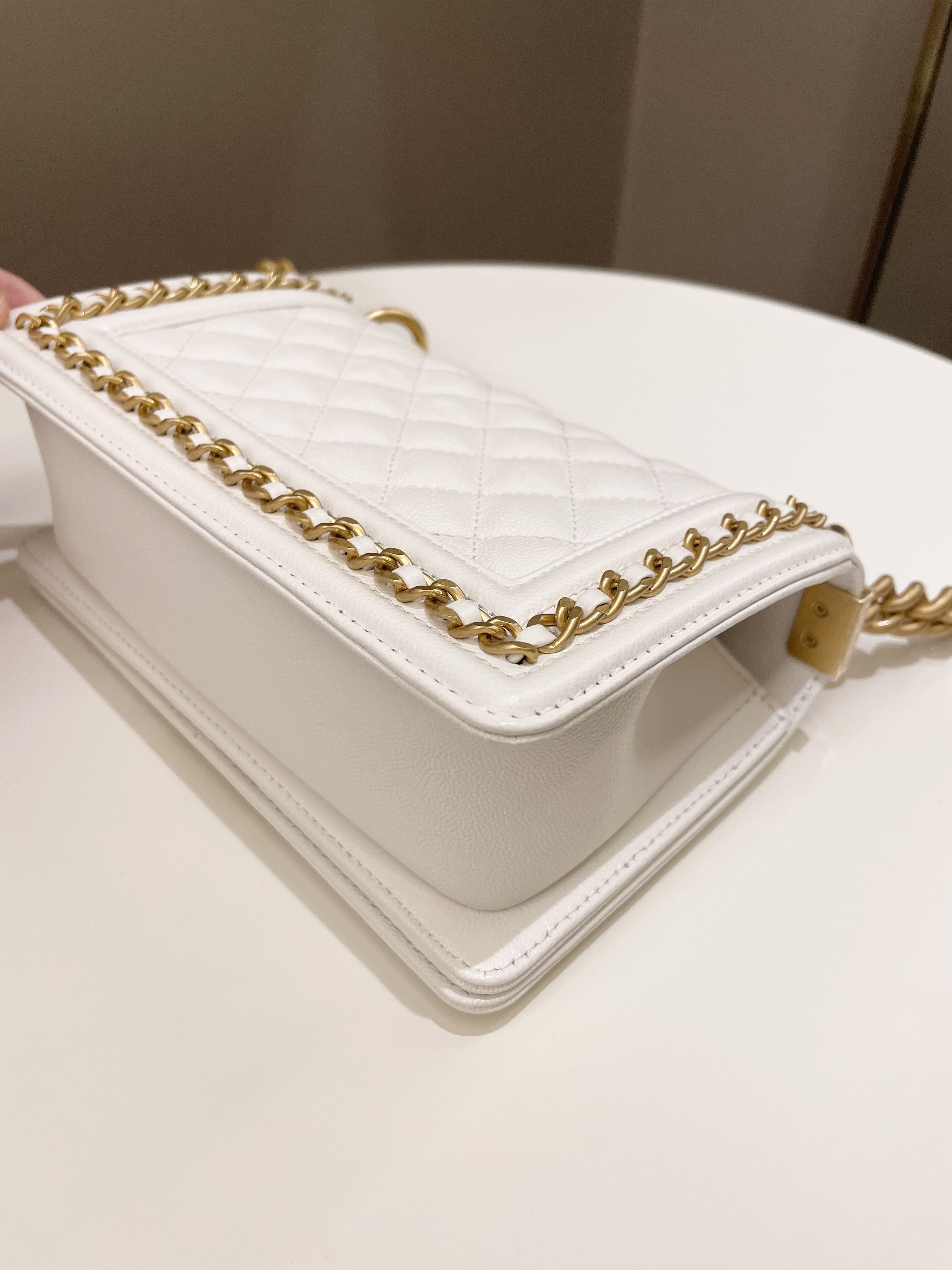 Chanel Quilted Chain Around Small Boy White Ivory Caviar