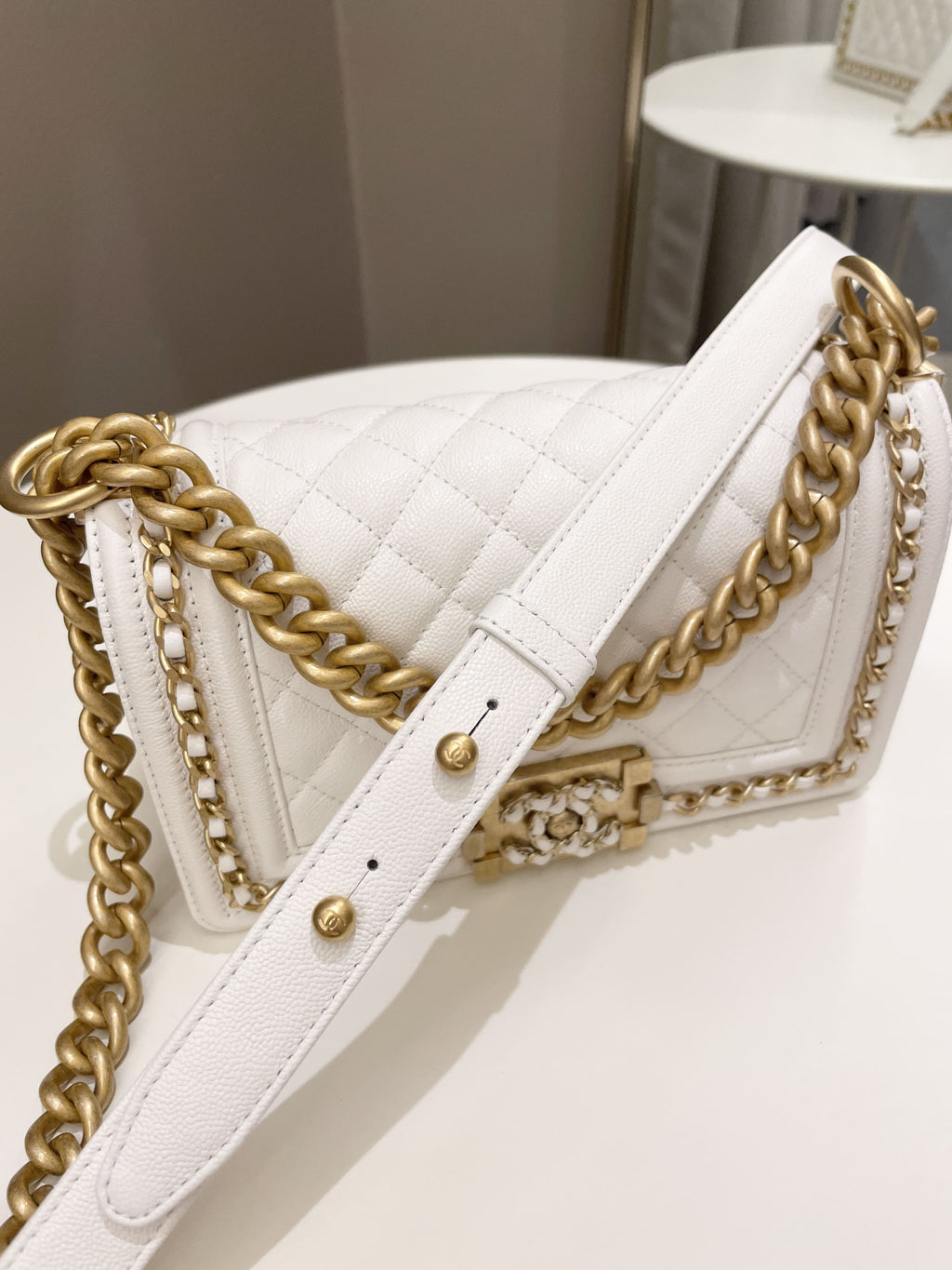 Chanel Quilted Chain Around Small Boy White Ivory Caviar