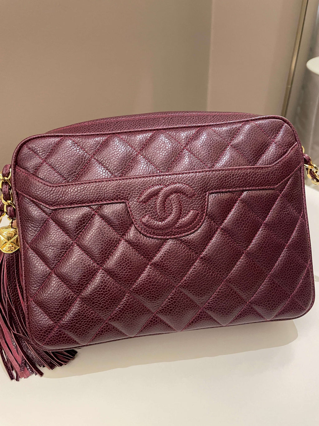 Chanel Vintage Camera Bag Tassle Burgundy Caviar