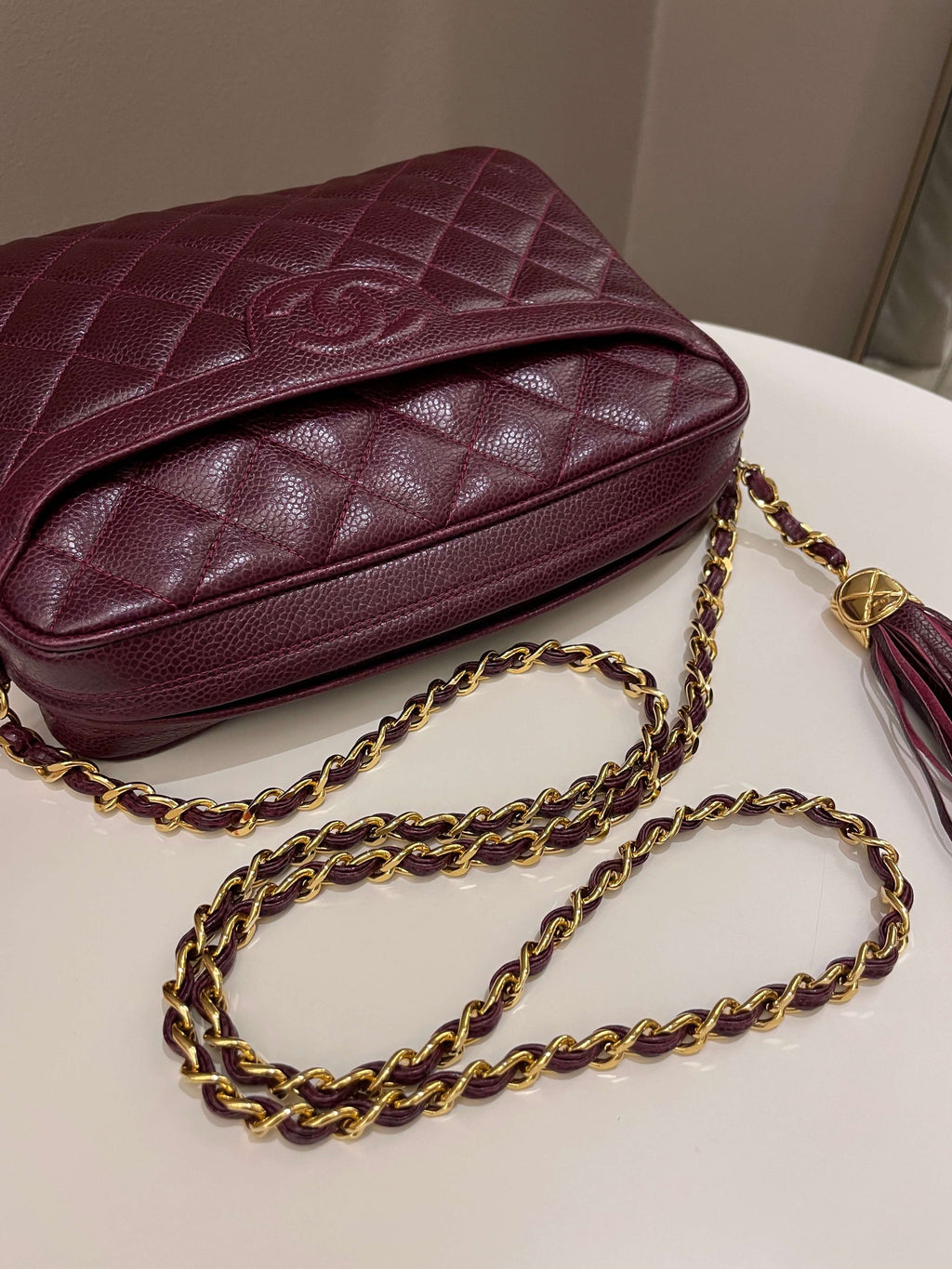Chanel Vintage Camera Bag Tassle Burgundy Caviar