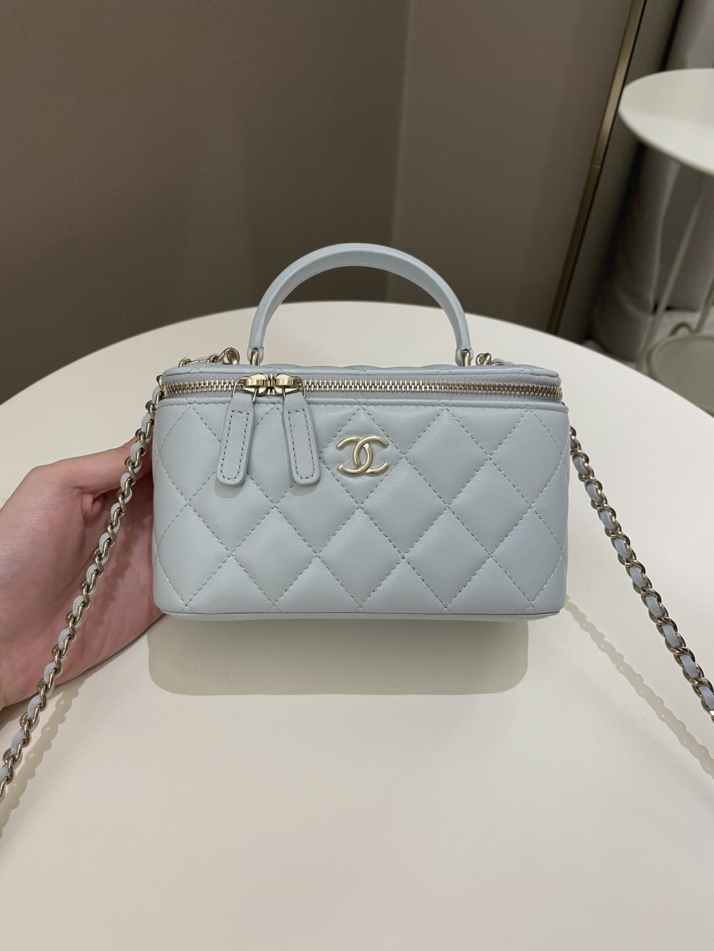 Chanel 21K Top Handle Vanity Rectangular Baby Blue Lambskin