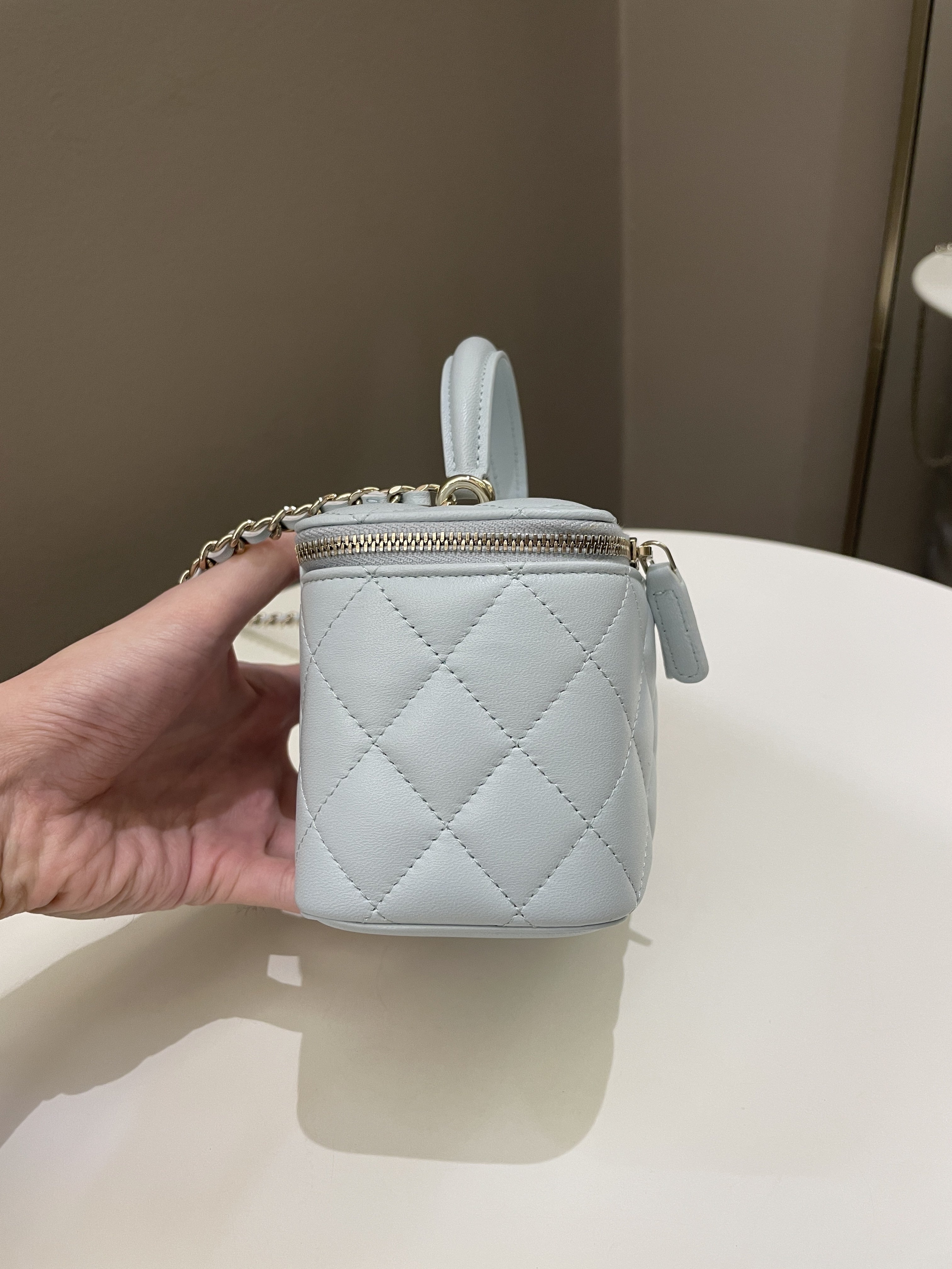 Chanel 21K Top Handle Vanity Rectangular Baby Blue Lambskin