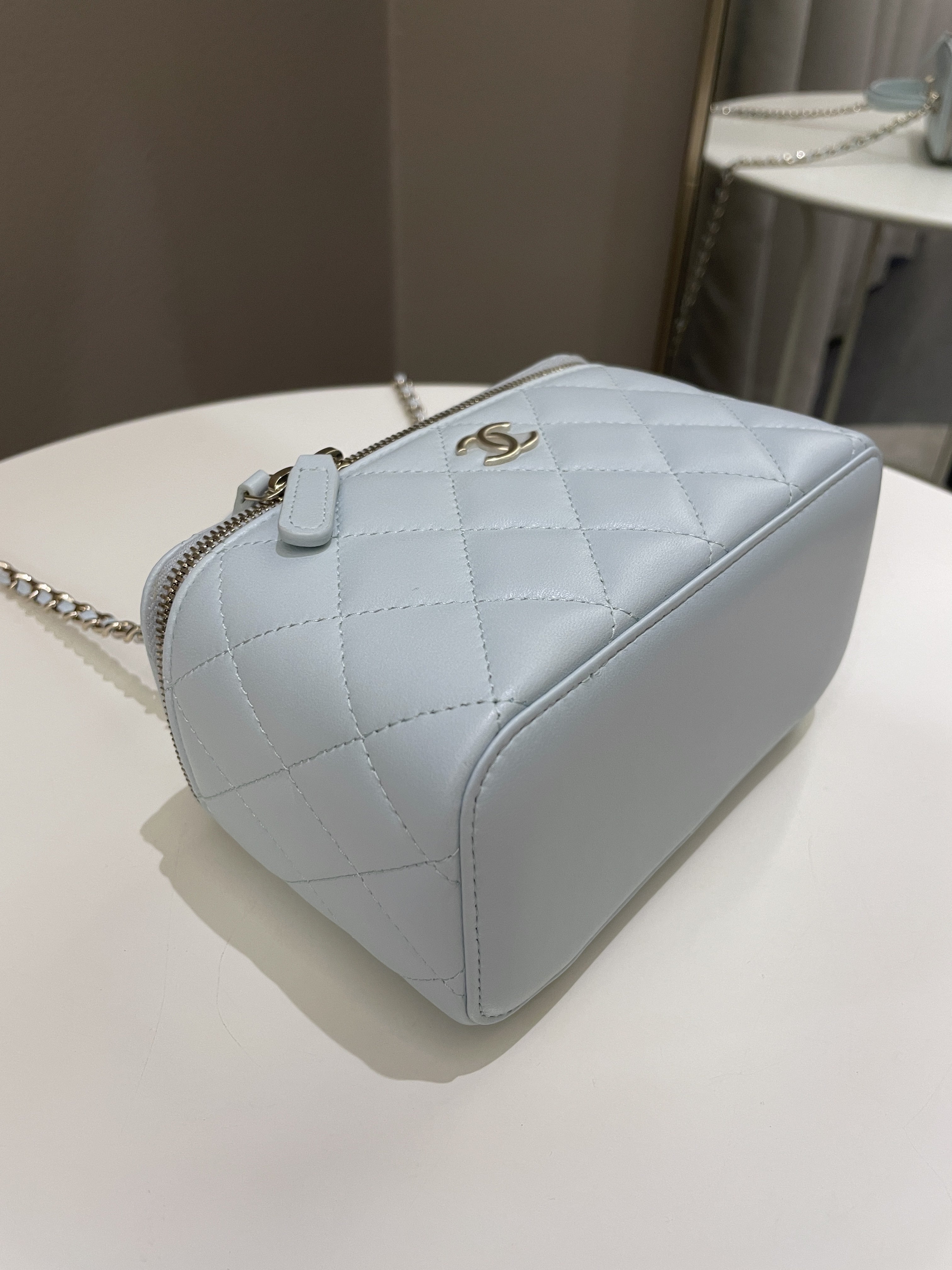 Chanel 21K Top Handle Vanity Rectangular Baby Blue Lambskin
