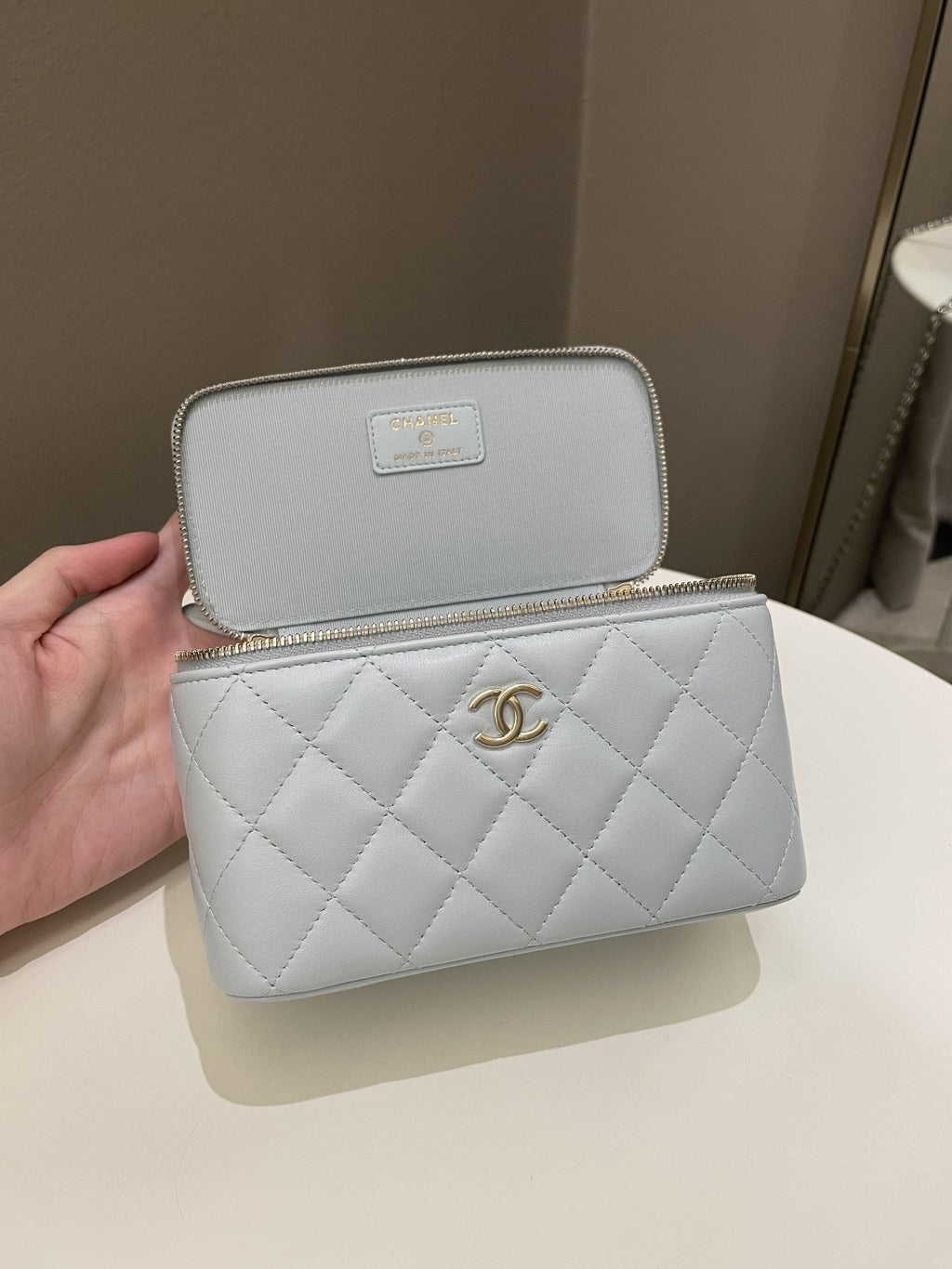 Chanel 21K Top Handle Vanity Rectangular Baby Blue Lambskin