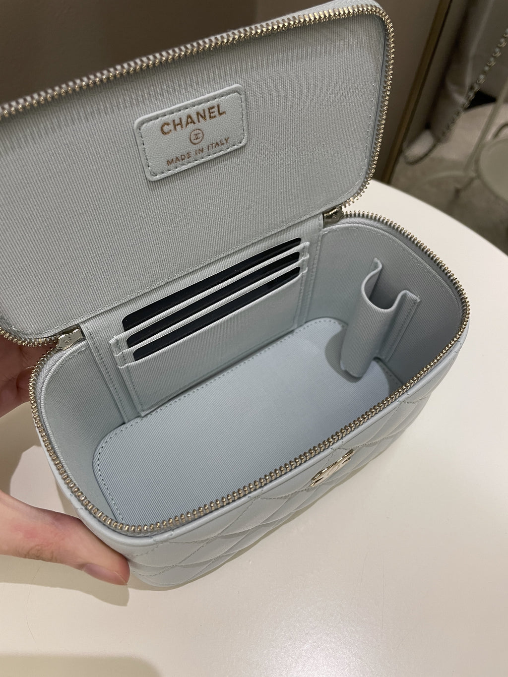 Chanel 21K Top Handle Vanity Rectangular Baby Blue Lambskin