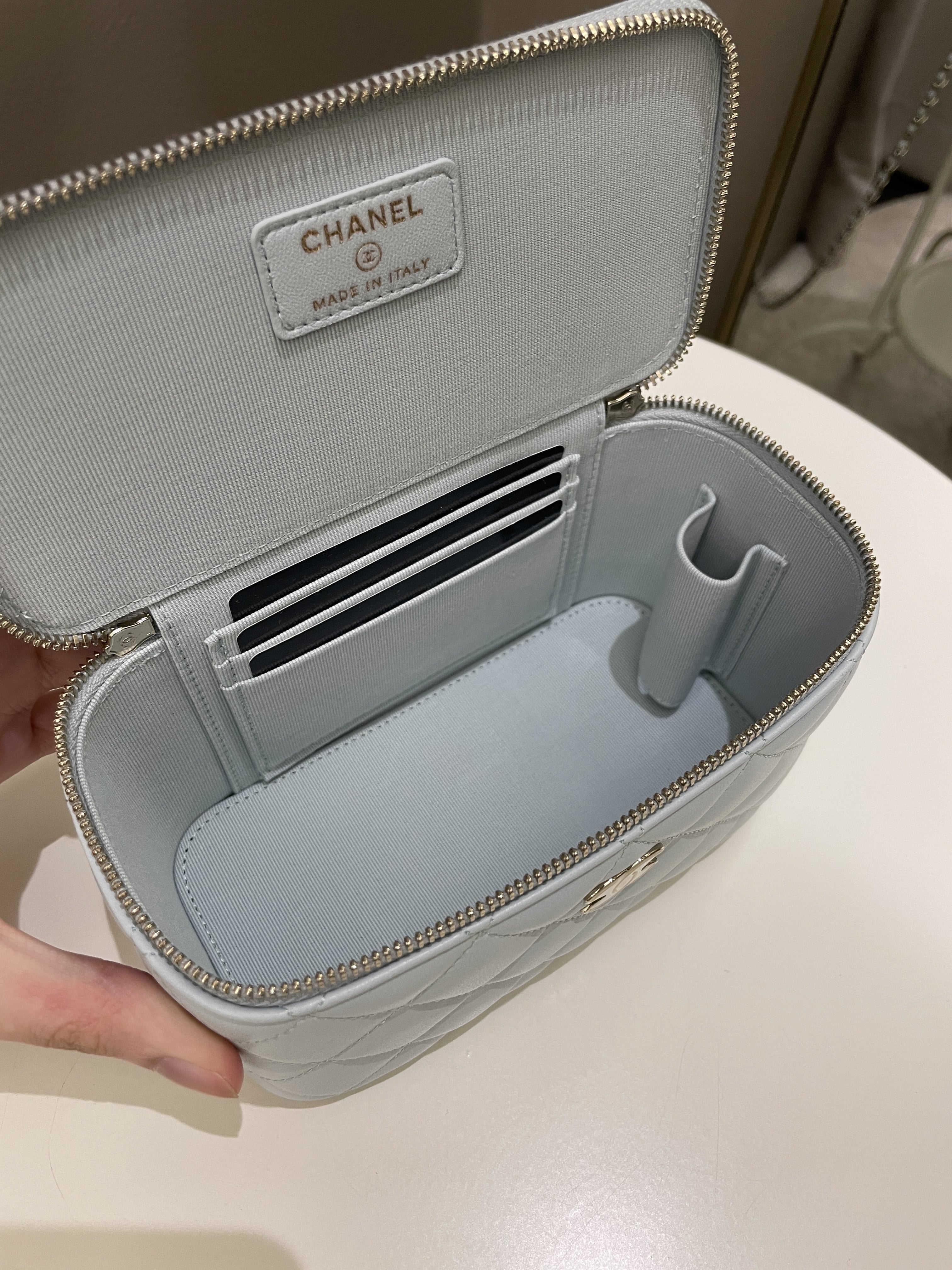 Chanel 21K Top Handle Vanity Rectangular Baby Blue Lambskin