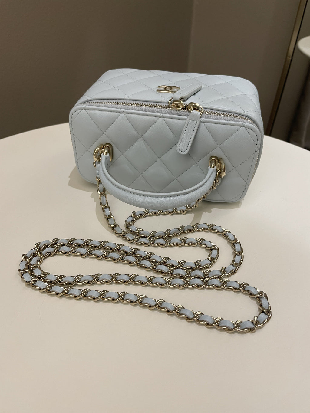 Chanel 21K Top Handle Vanity Rectangular Baby Blue Lambskin