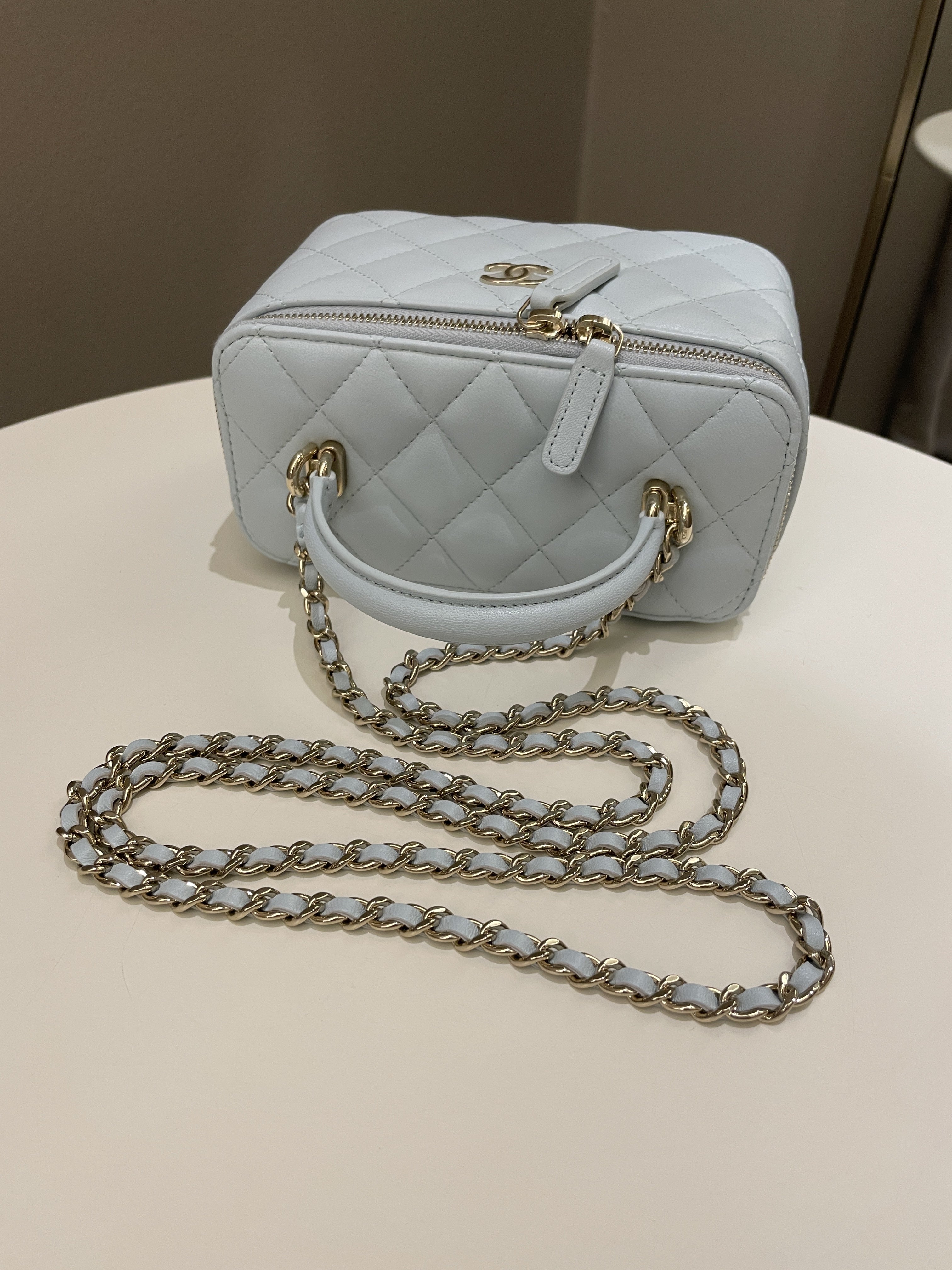 Chanel 21K Top Handle Vanity Rectangular Baby Blue Lambskin