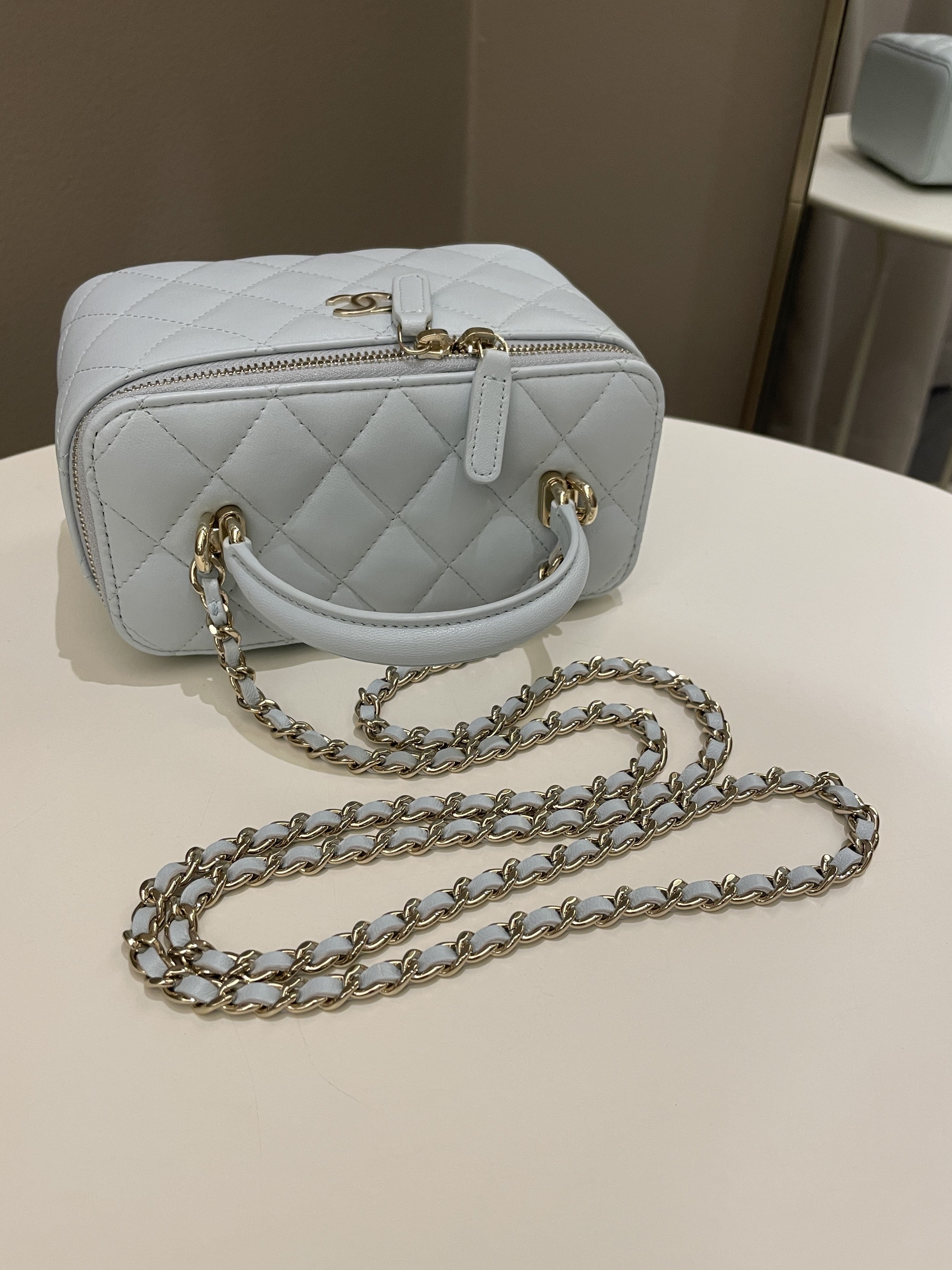 Chanel 21K Top Handle Vanity Rectangular Baby Blue Lambskin