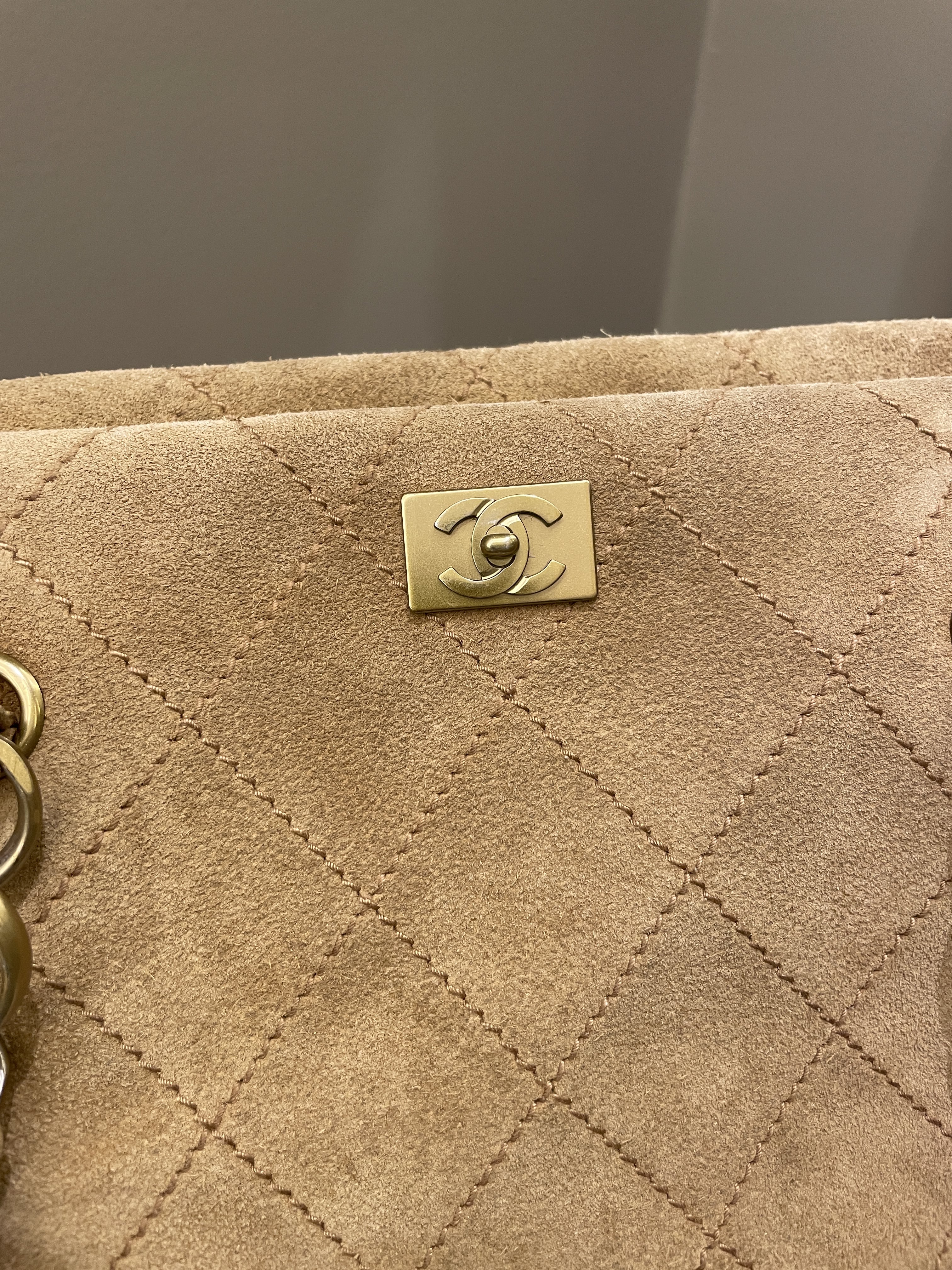Chanel Vintage Quilted Shoulder Tote Camel Suede