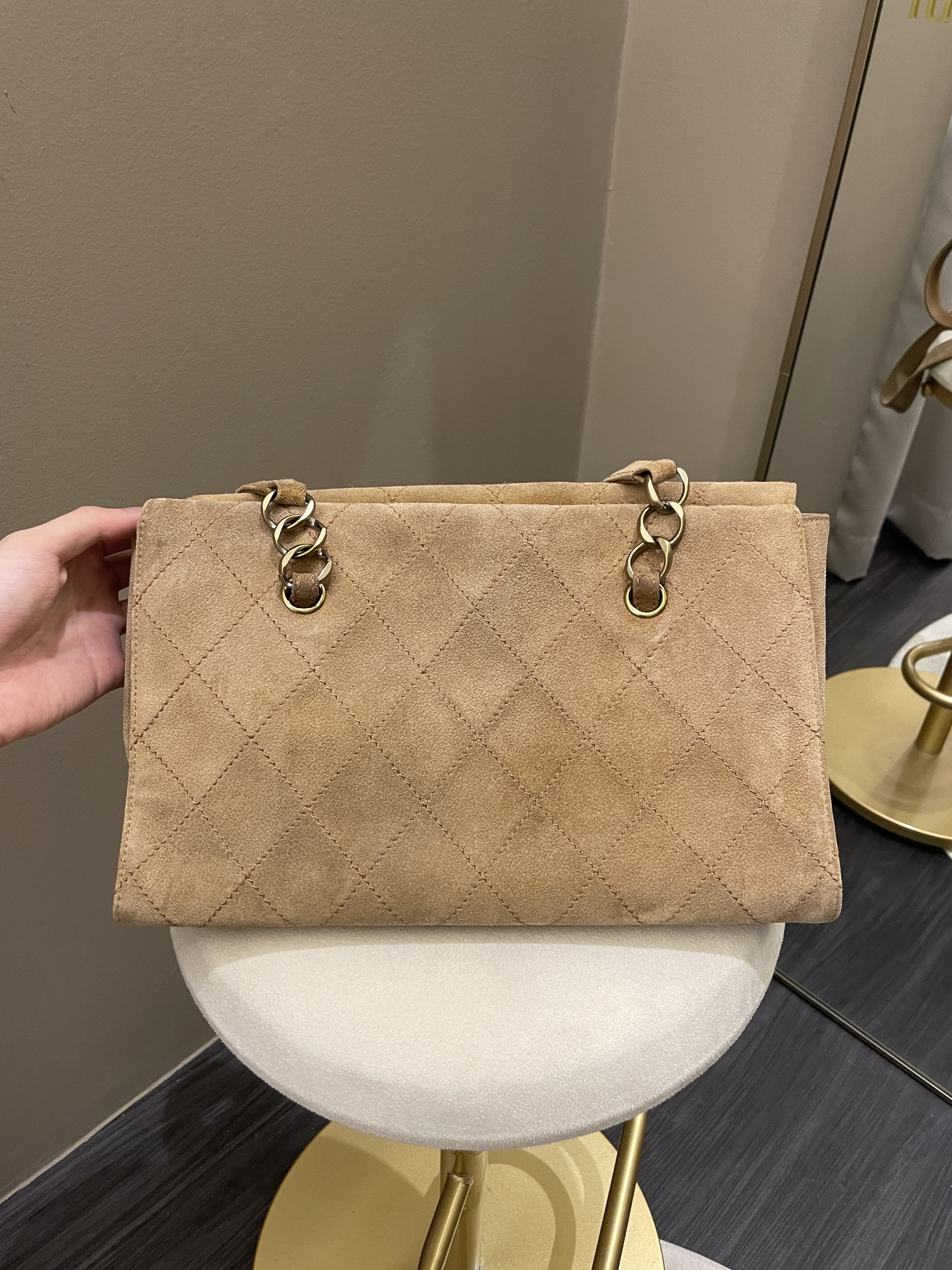 Chanel Vintage Quilted Shoulder Tote Camel Suede