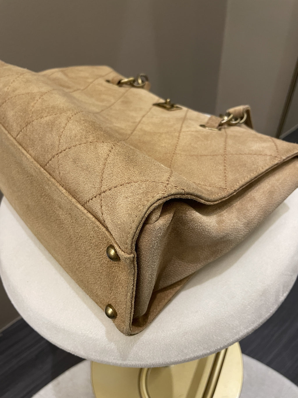 Chanel Vintage Quilted Shoulder Tote Camel Suede