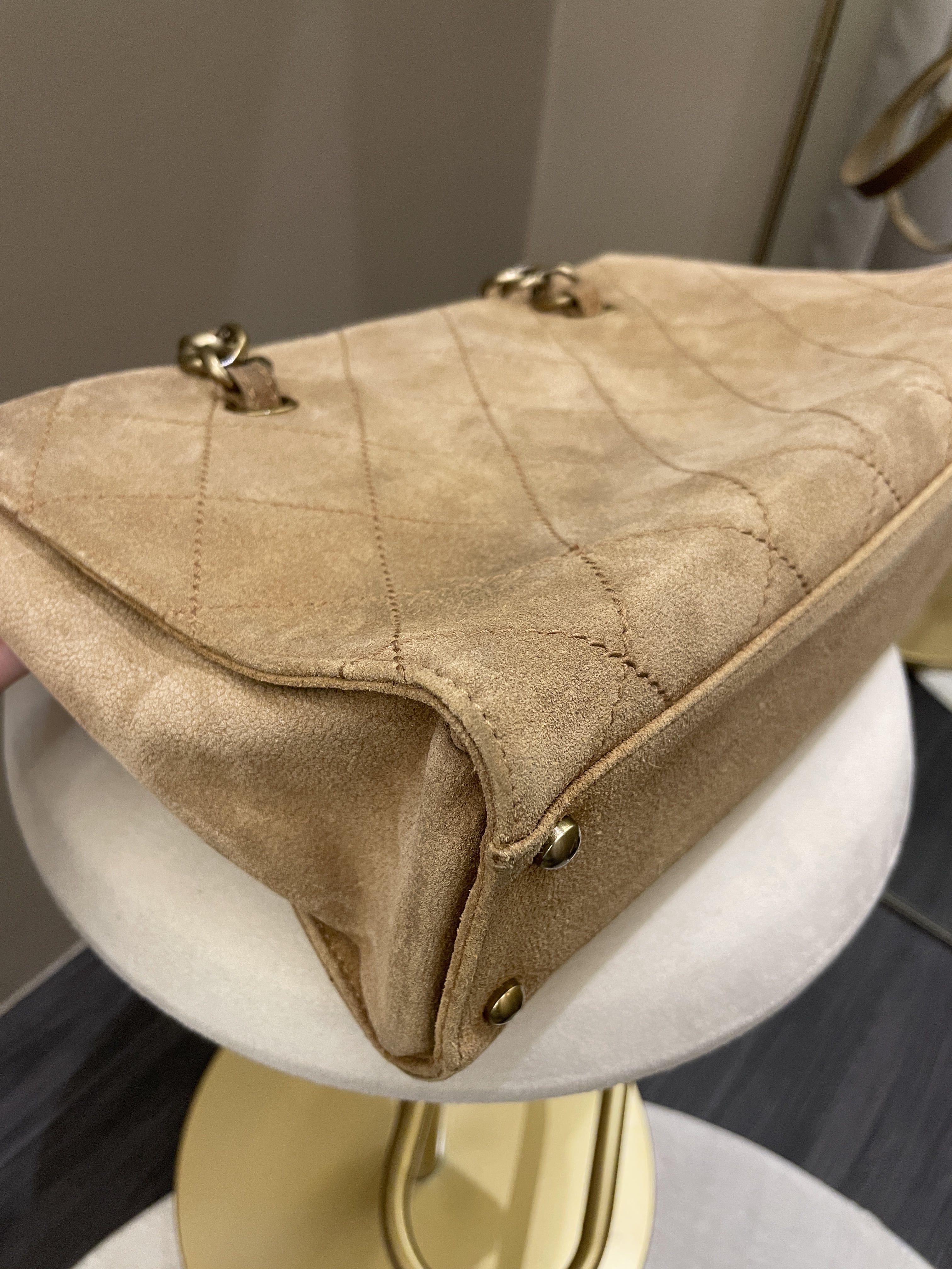 Chanel Vintage Quilted Shoulder Tote Camel Suede