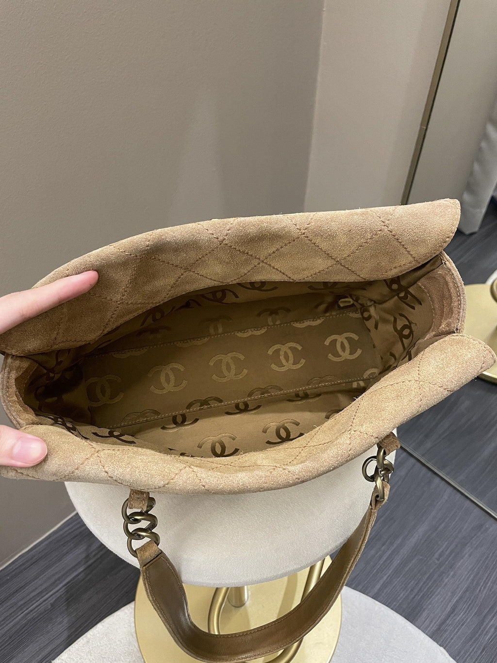 Chanel Vintage Quilted Shoulder Tote Camel Suede