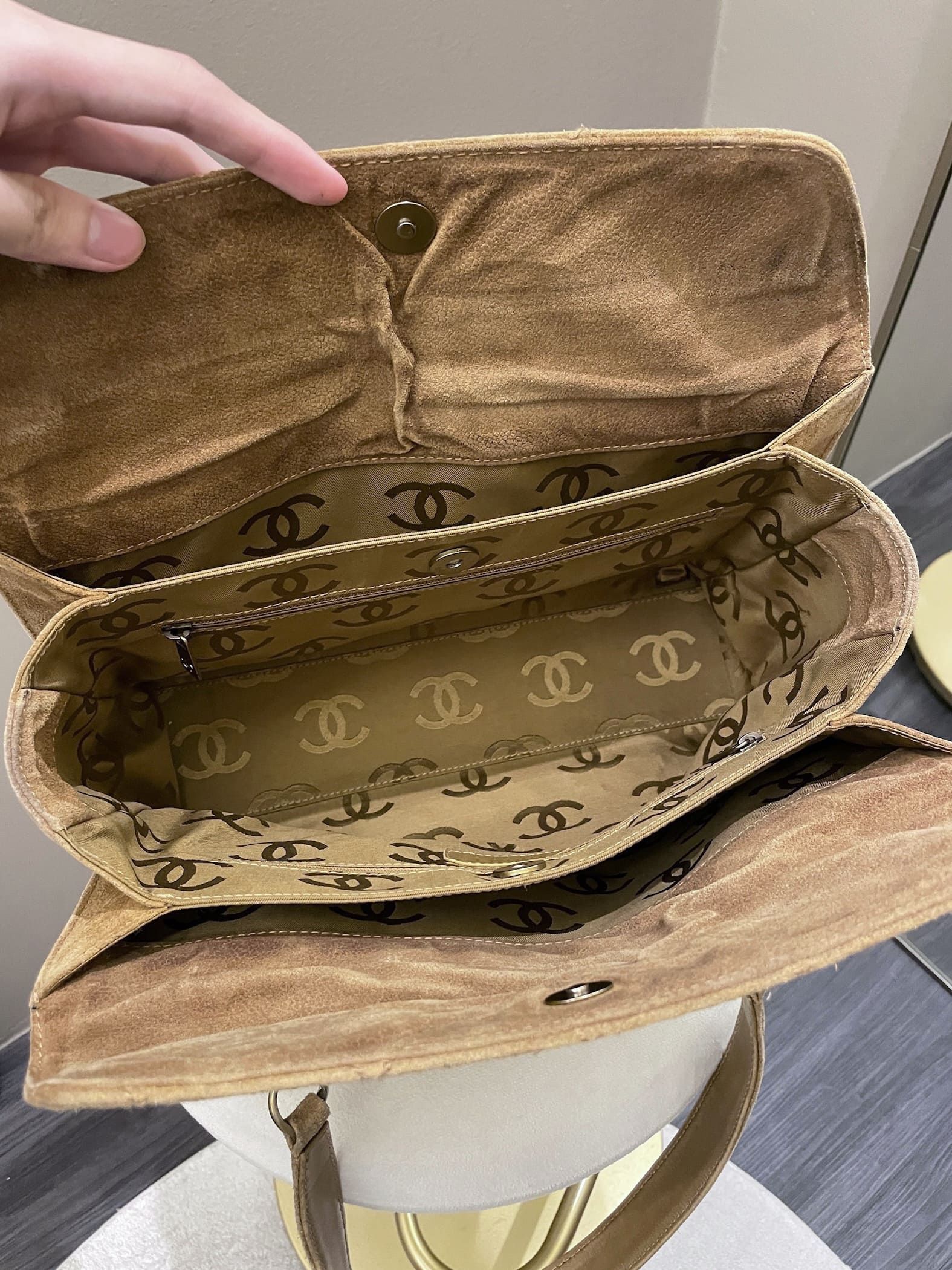 Chanel Vintage Quilted Shoulder Tote Camel Suede