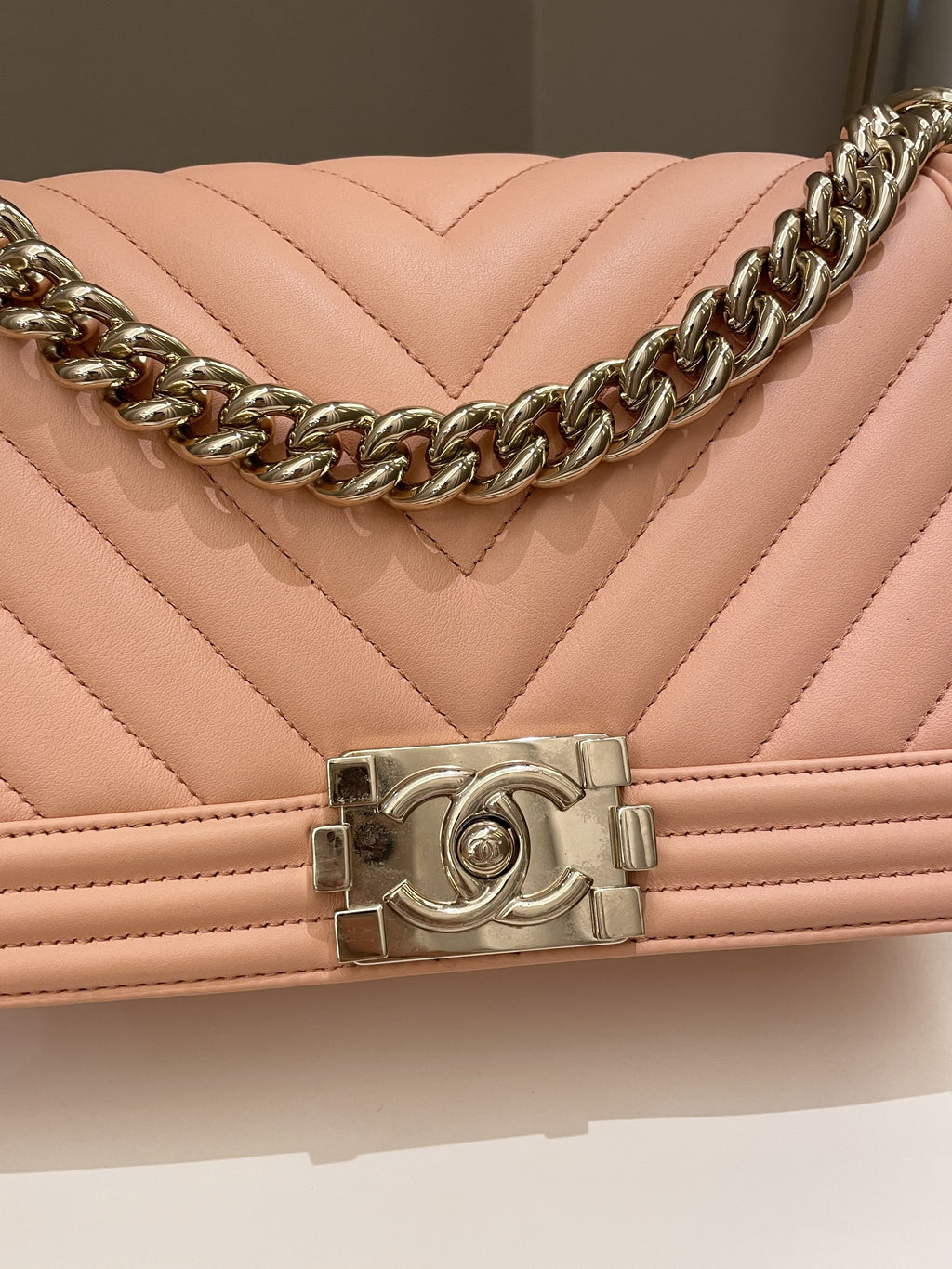 Chanel Chevron Boy Old Medium Salmon Pink Calfskin