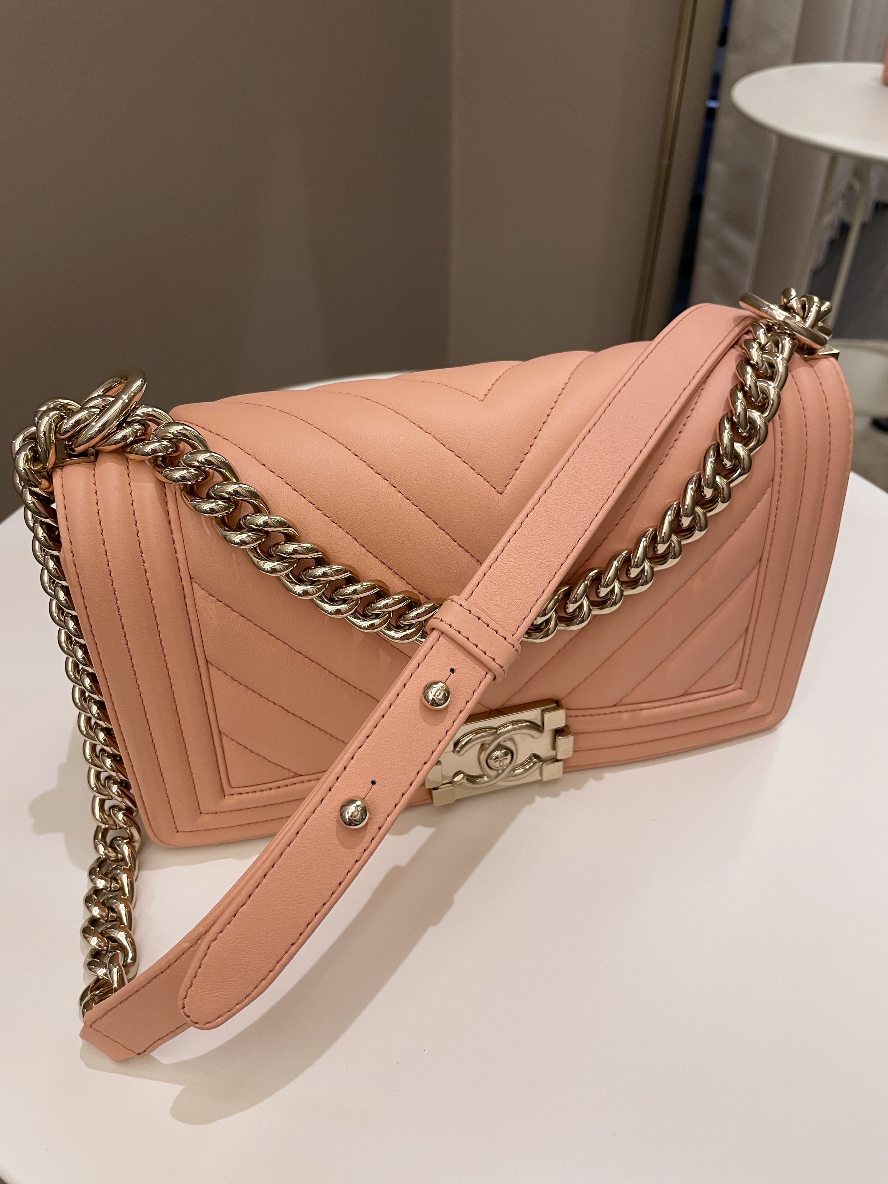 Chanel Chevron Boy Old Medium Salmon Pink Calfskin