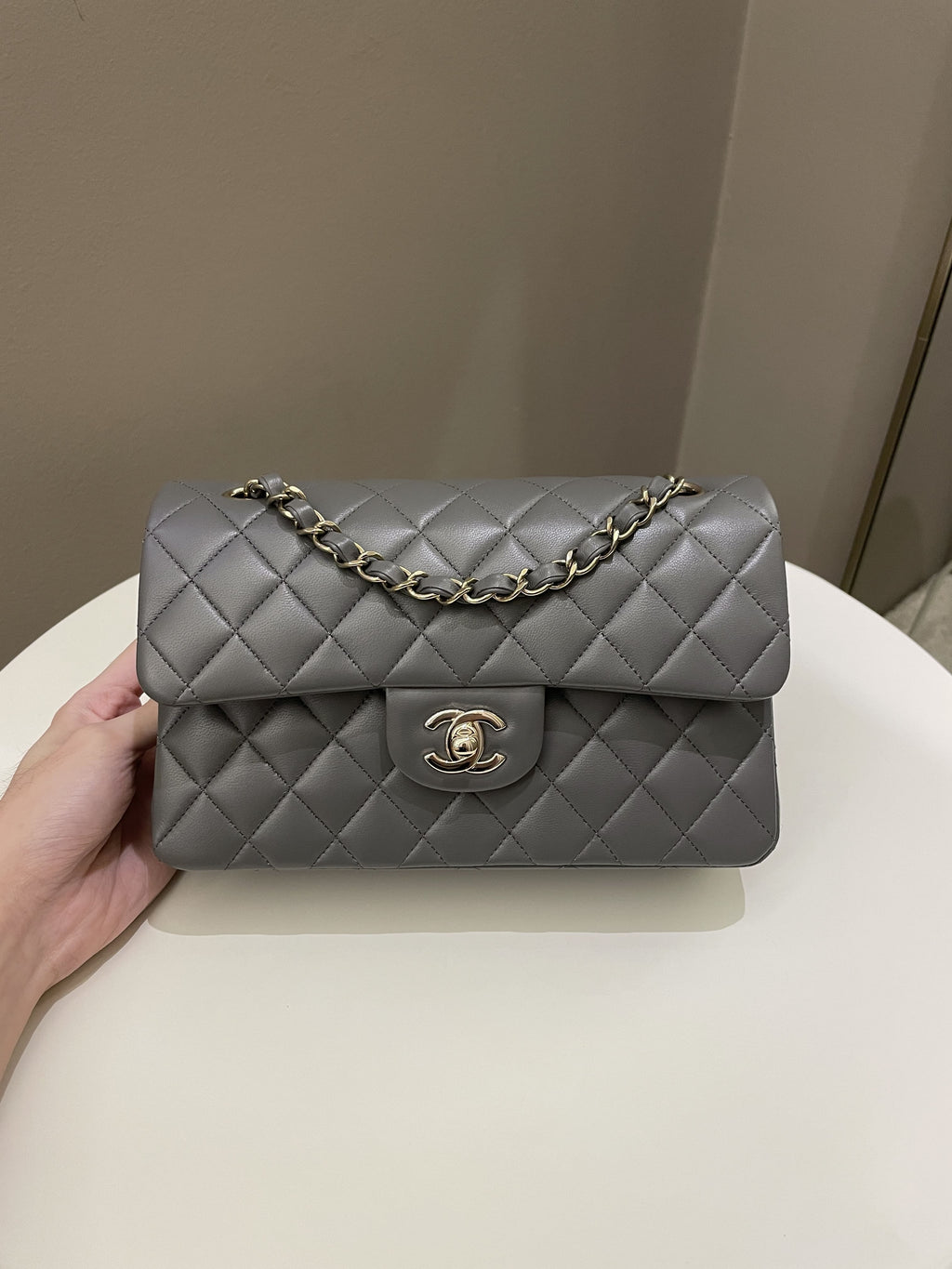 Chanel 22A Classic Quilted Small Double Flap Dark Grey Lambskin
