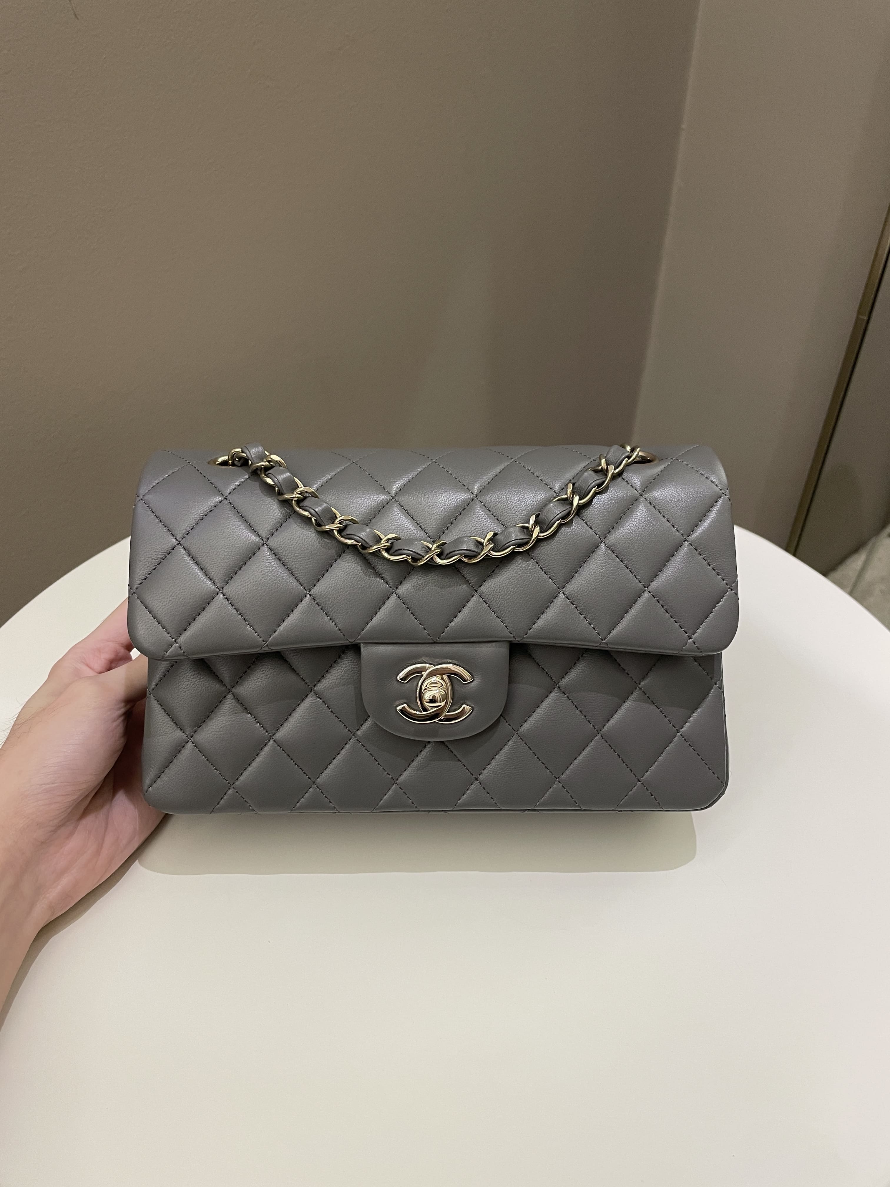 Chanel 22A Classic Quilted Small Double Flap Dark Grey Lambskin