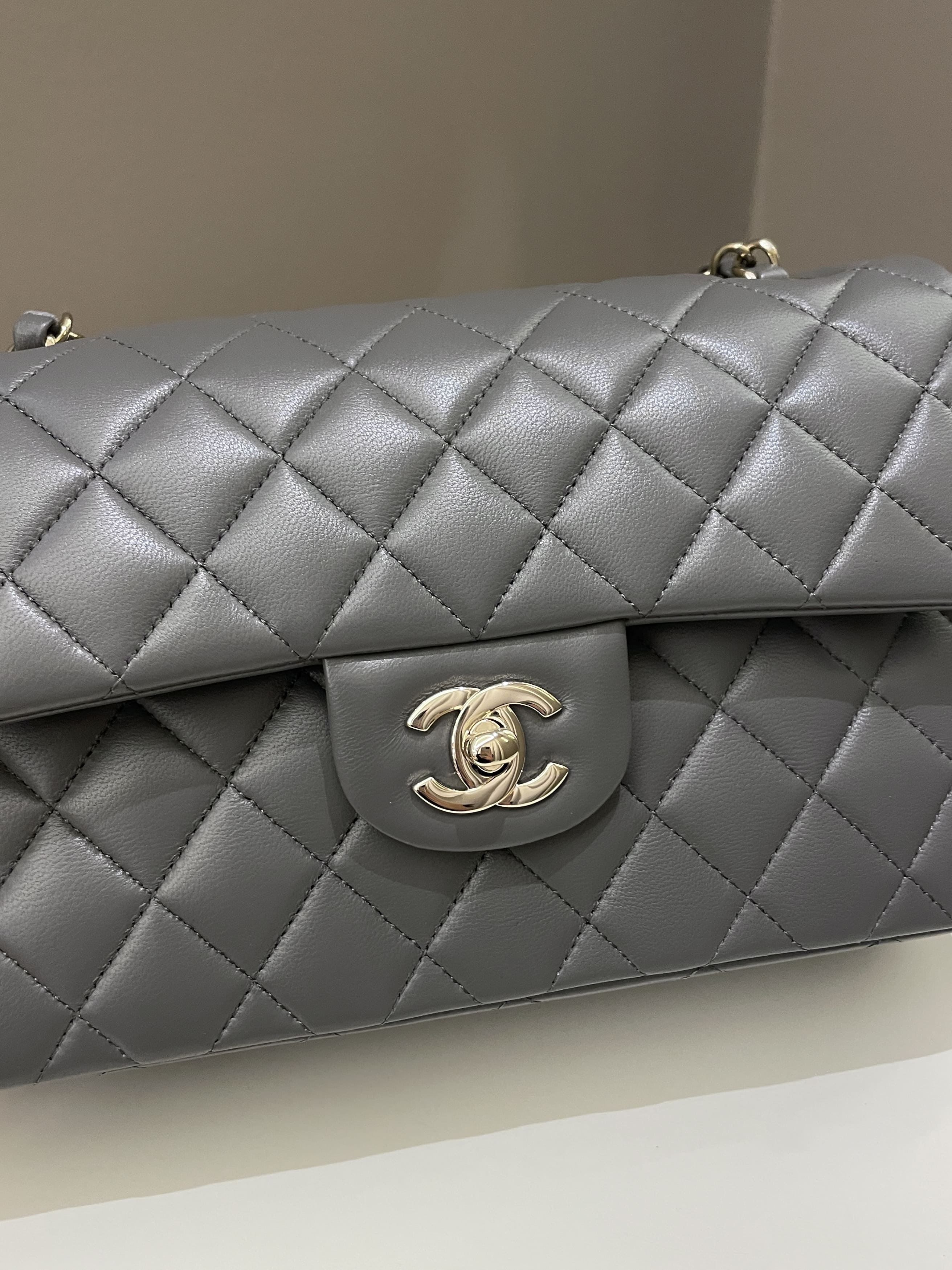 Chanel 22A Classic Quilted Small Double Flap Dark Grey Lambskin