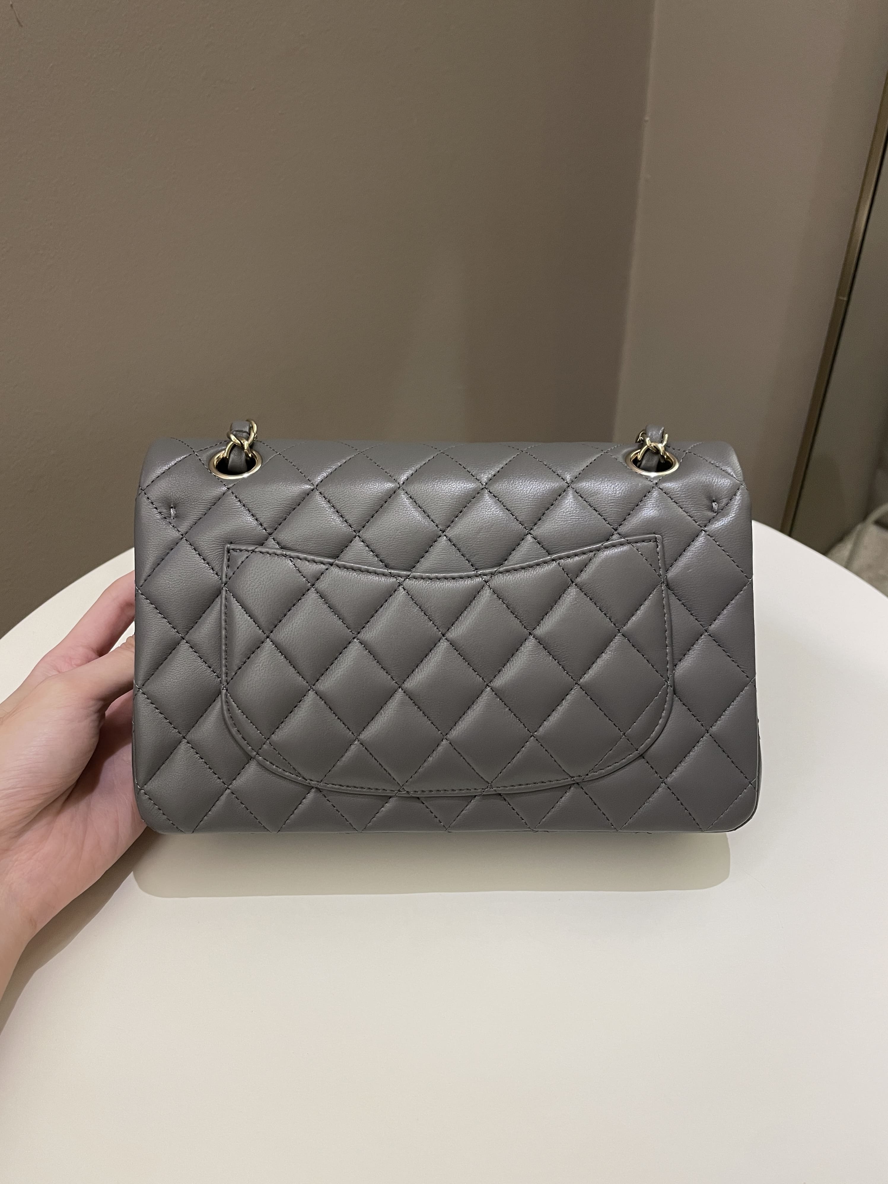 Chanel 22A Classic Quilted Small Double Flap Dark Grey Lambskin