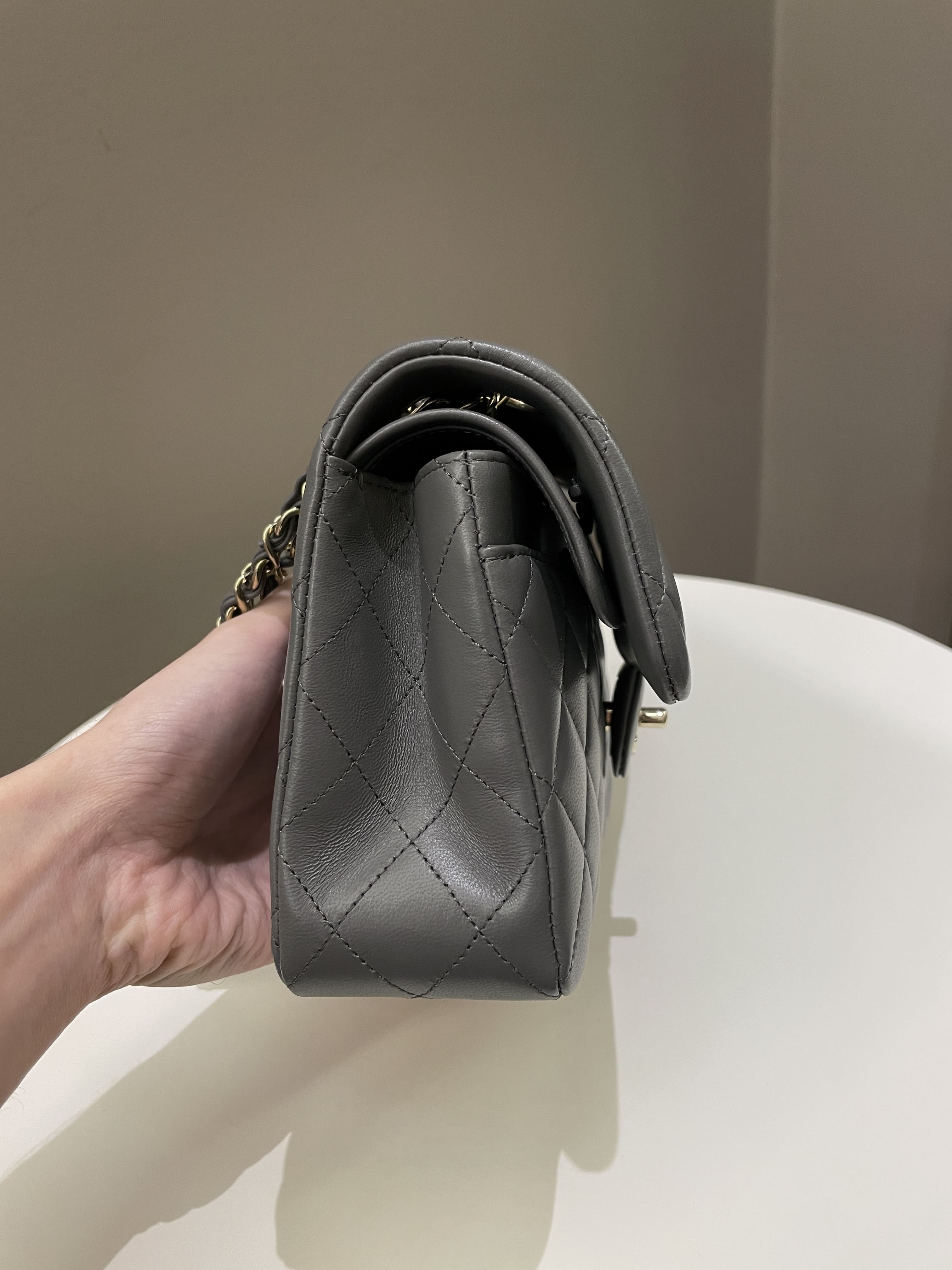 Chanel 22A Classic Quilted Small Double Flap Dark Grey Lambskin