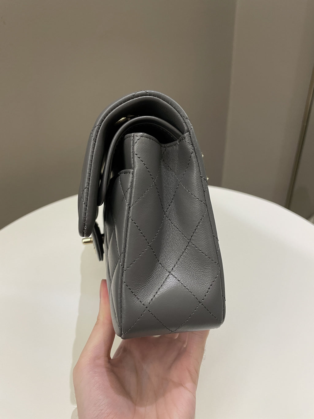 Chanel 22A Classic Quilted Small Double Flap Dark Grey Lambskin