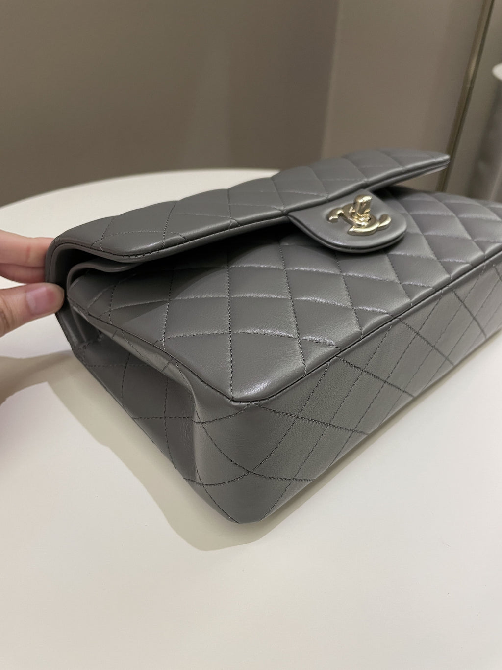 Chanel 22A Classic Quilted Small Double Flap Dark Grey Lambskin