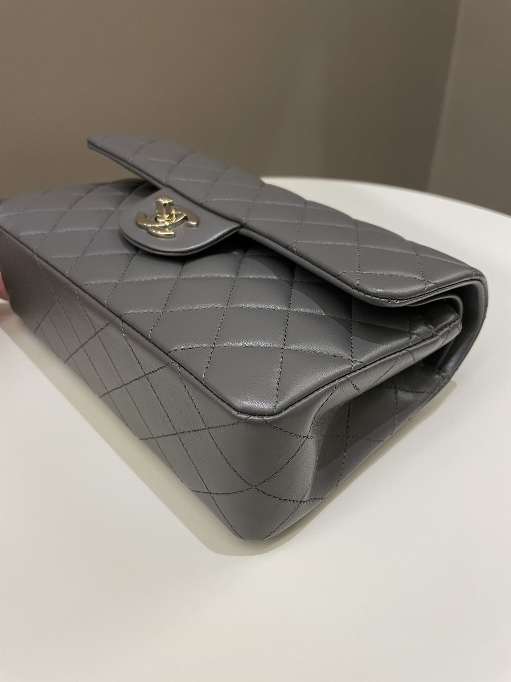 Chanel 22A Classic Quilted Small Double Flap Dark Grey Lambskin